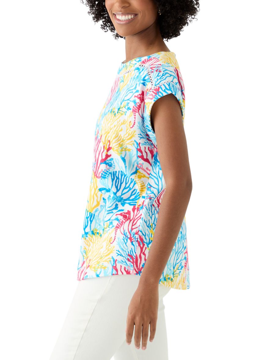 Womens Short Sleeve Inset Trim Printed T-Shirt