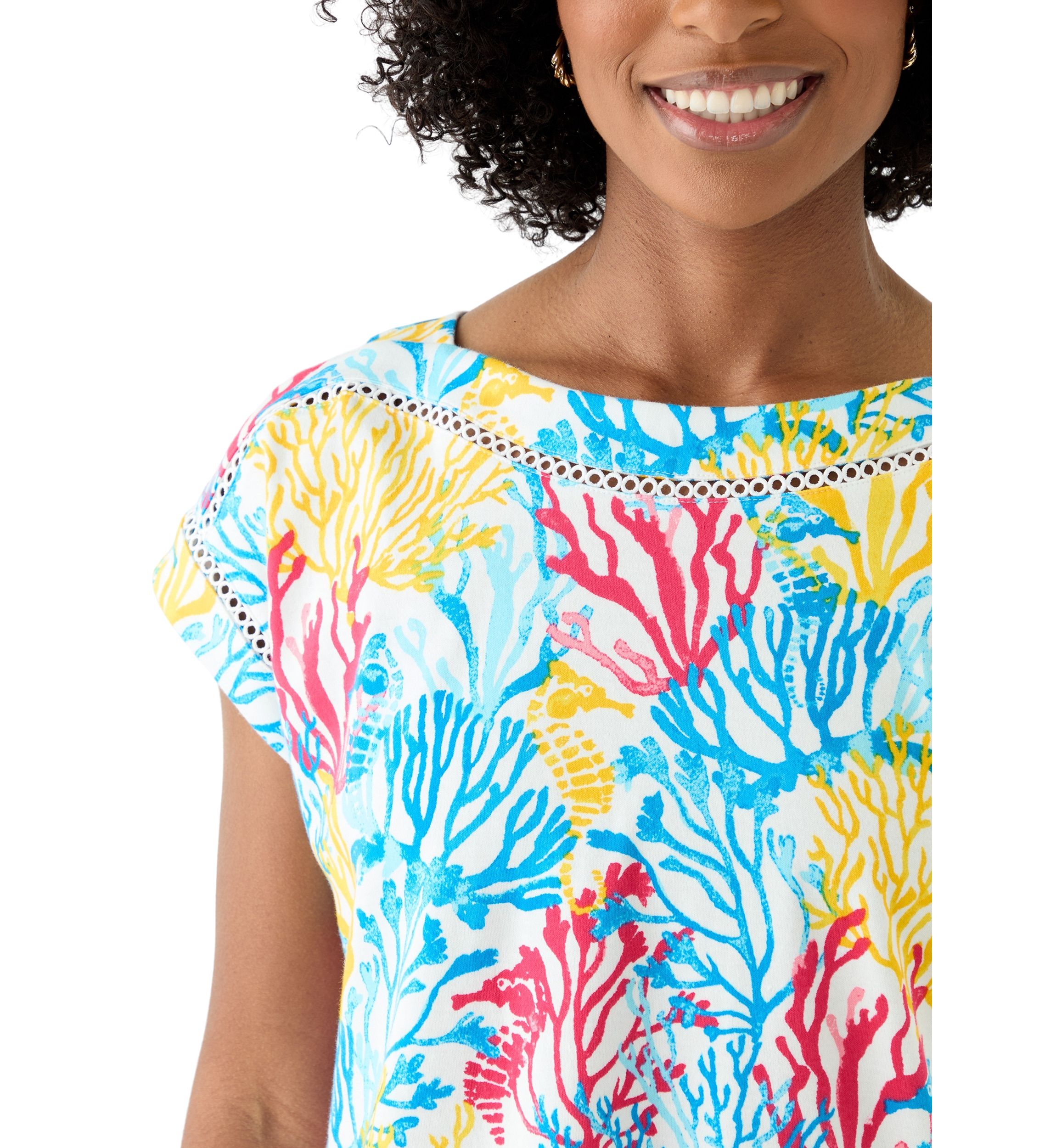 Womens Short Sleeve Inset Trim Printed T-Shirt