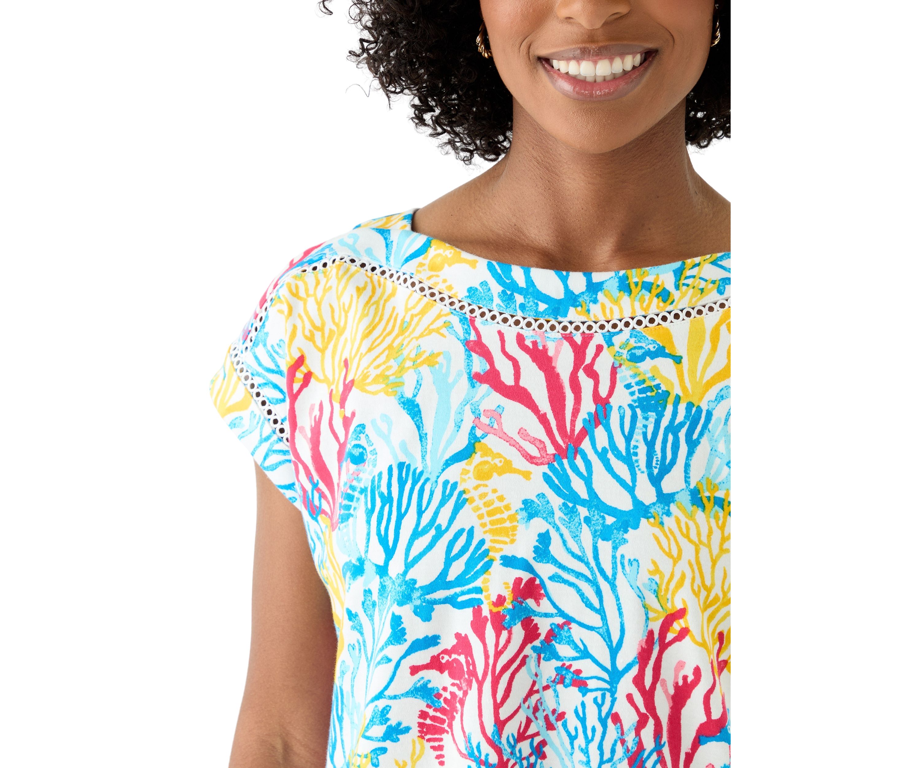Womens Short Sleeve Inset Trim Printed T-Shirt