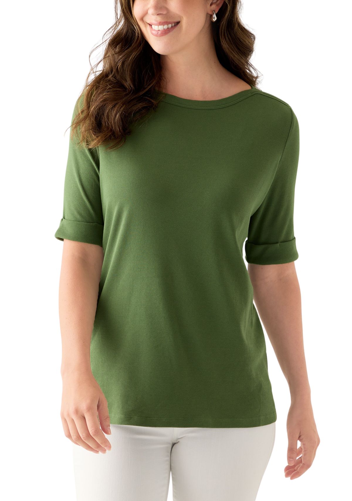 Womens Elbow Sleeve Rolled Cuff Solid Top