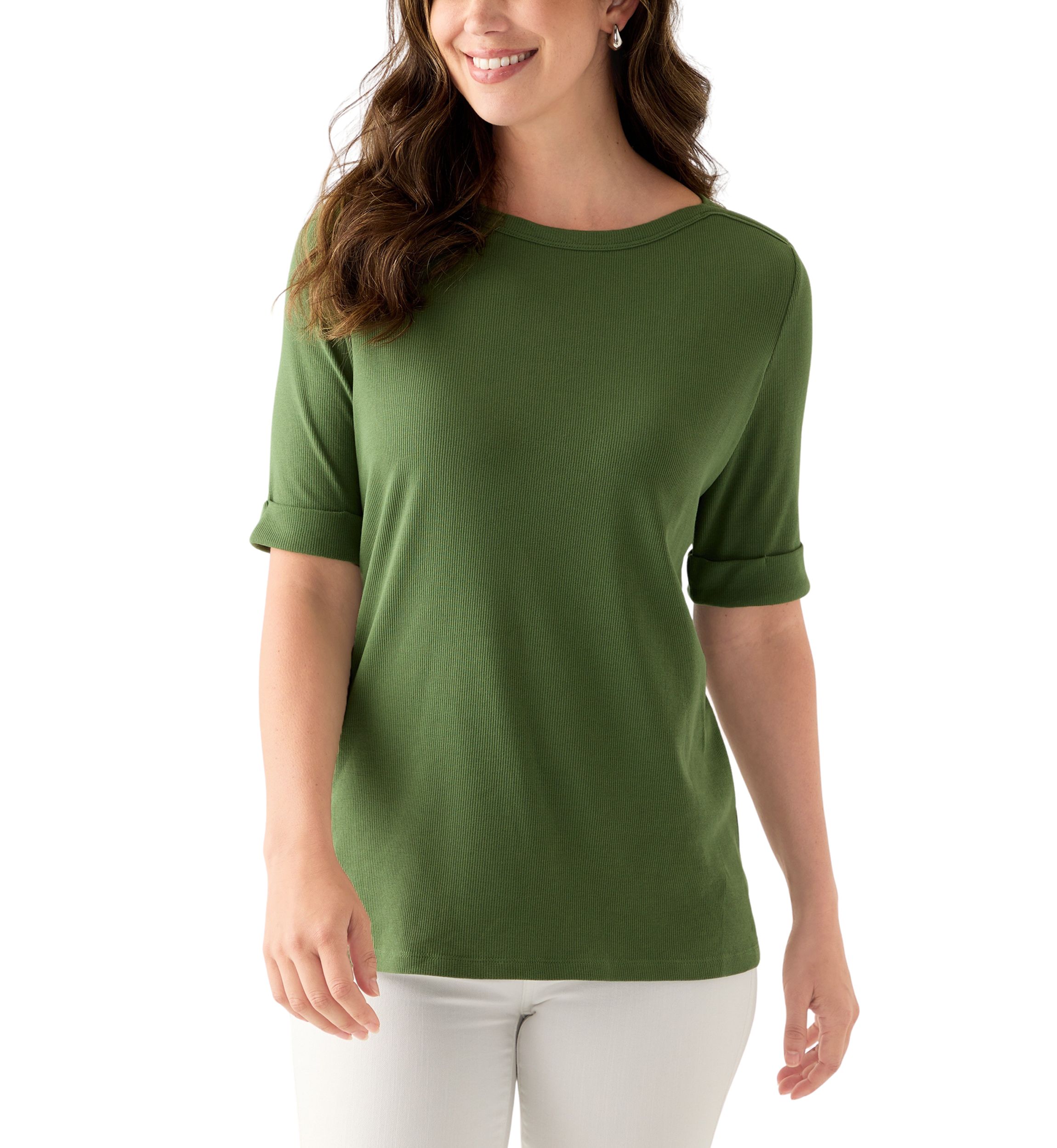 Womens Elbow Sleeve Rolled Cuff Solid Top