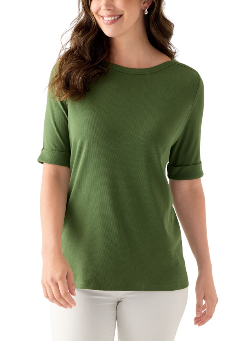 Womens Elbow Sleeve Rolled Cuff Solid Top
