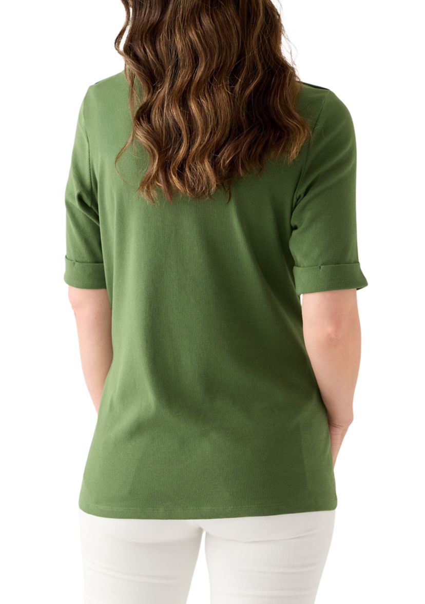Womens Elbow Sleeve Rolled Cuff Solid Top