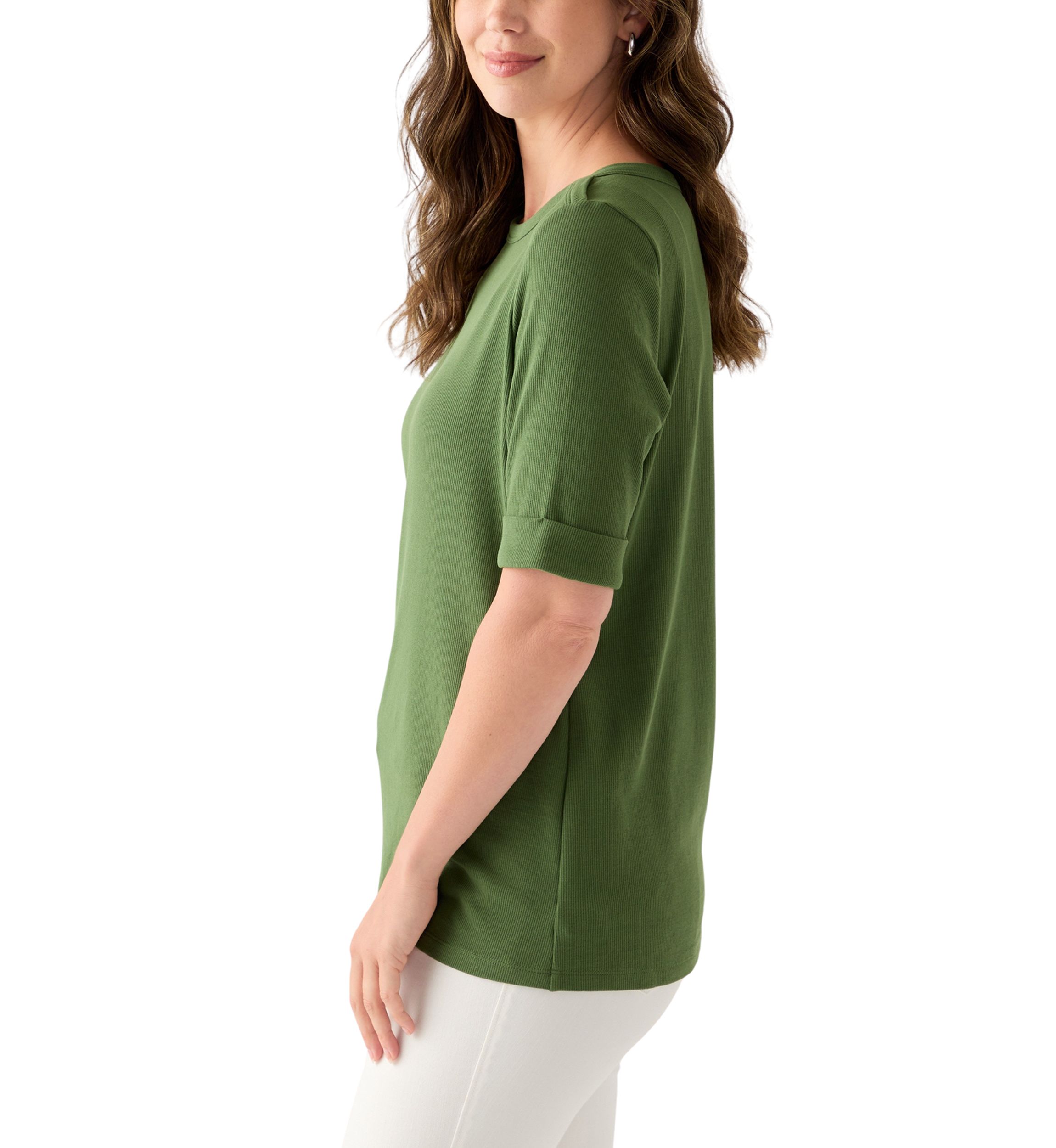 Womens Elbow Sleeve Rolled Cuff Solid Top