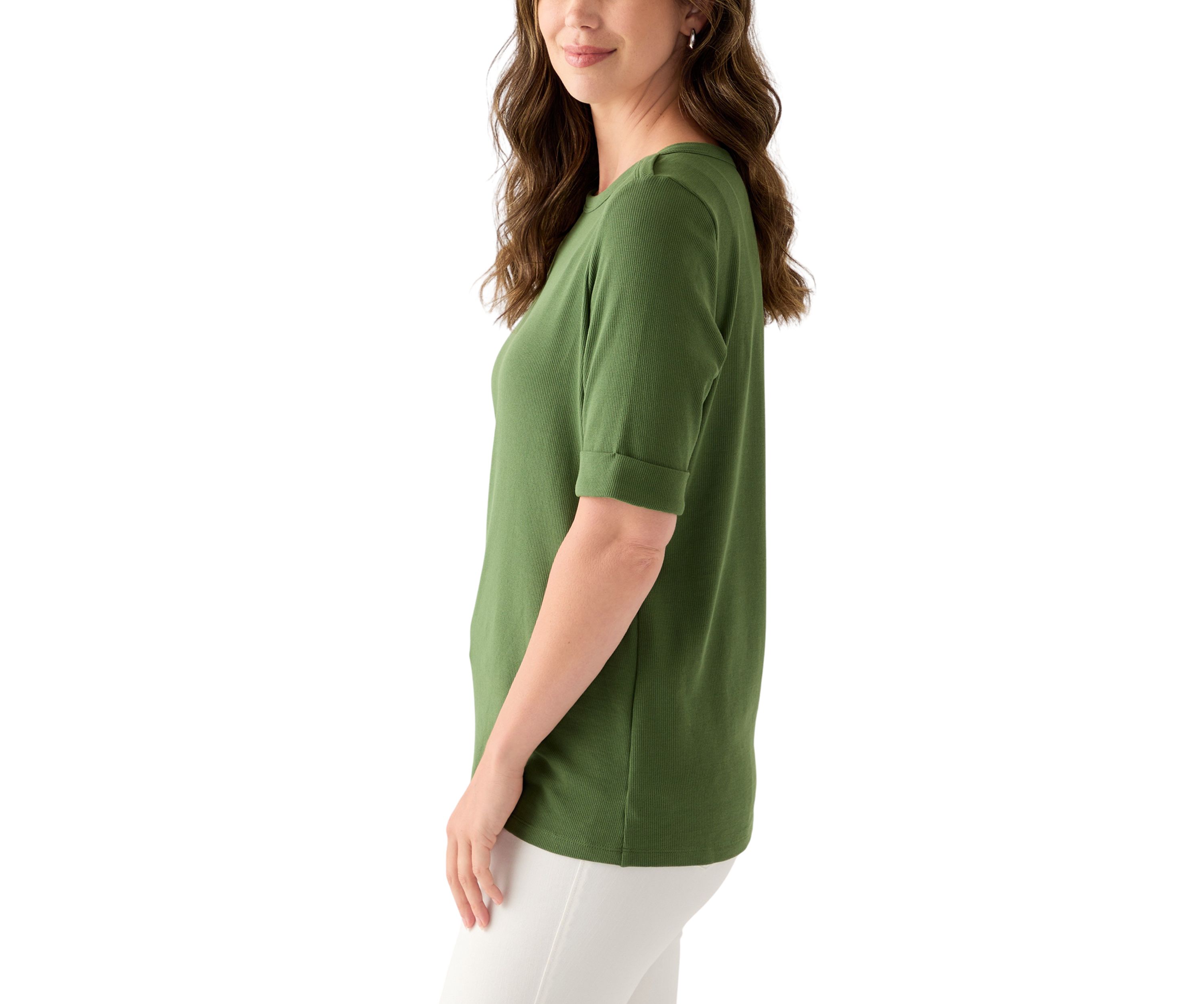 Womens Elbow Sleeve Rolled Cuff Solid Top