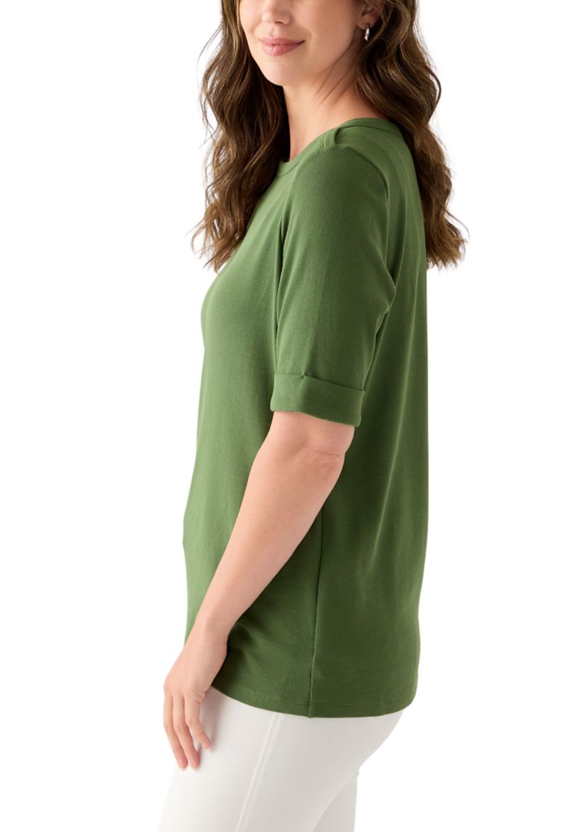 Womens Elbow Sleeve Rolled Cuff Solid Top