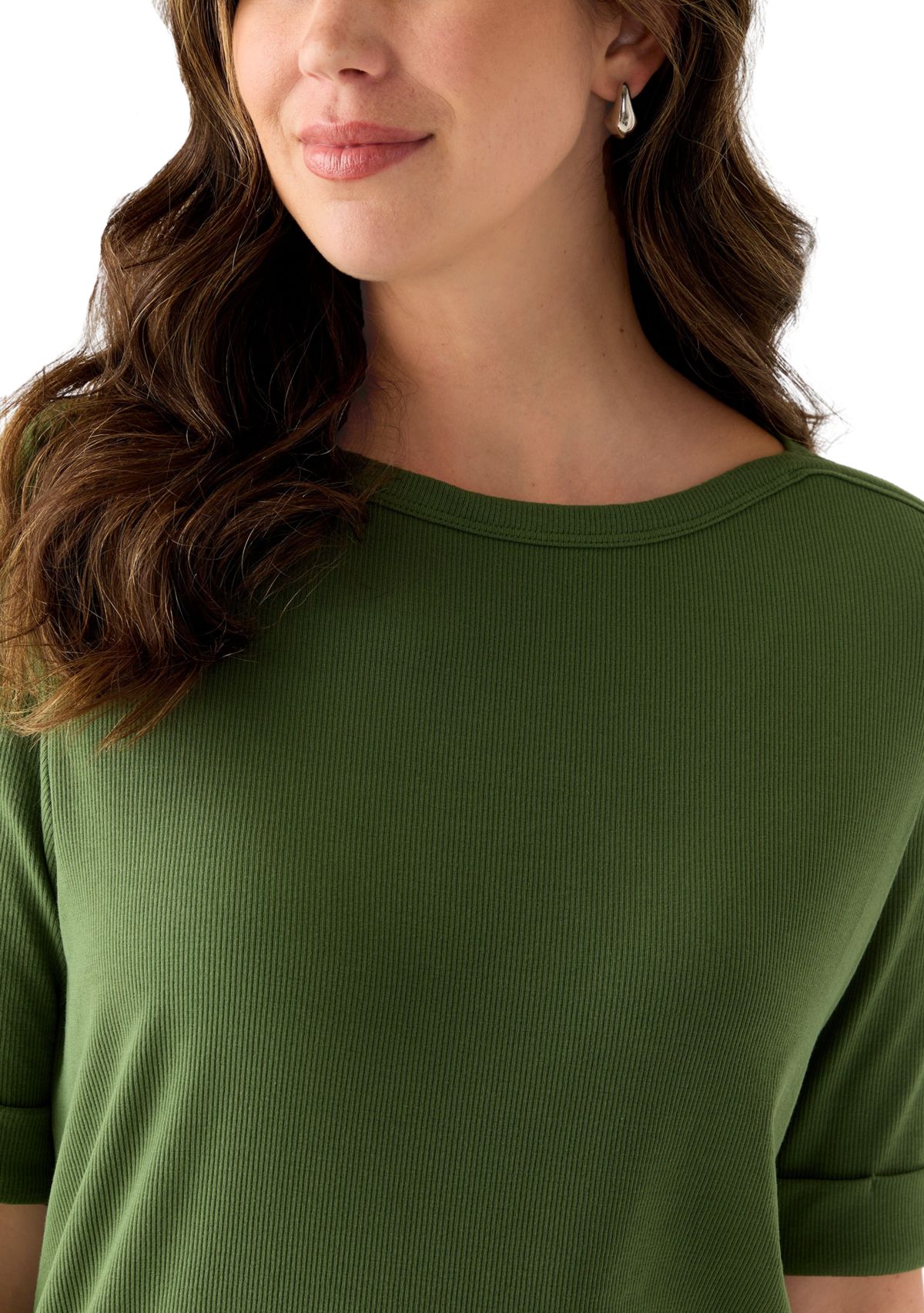 Womens Elbow Sleeve Rolled Cuff Solid Top
