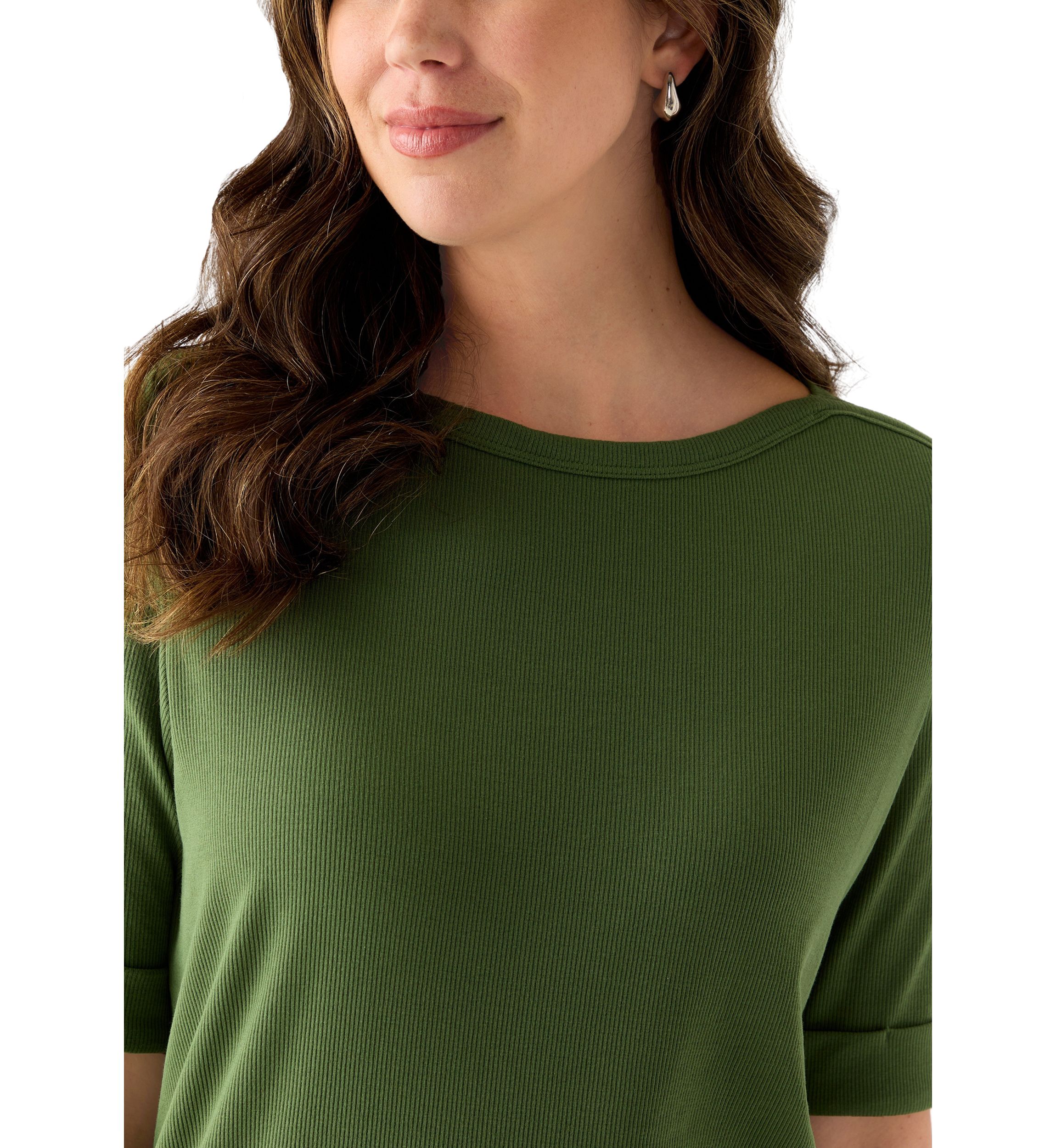 Womens Elbow Sleeve Rolled Cuff Solid Top