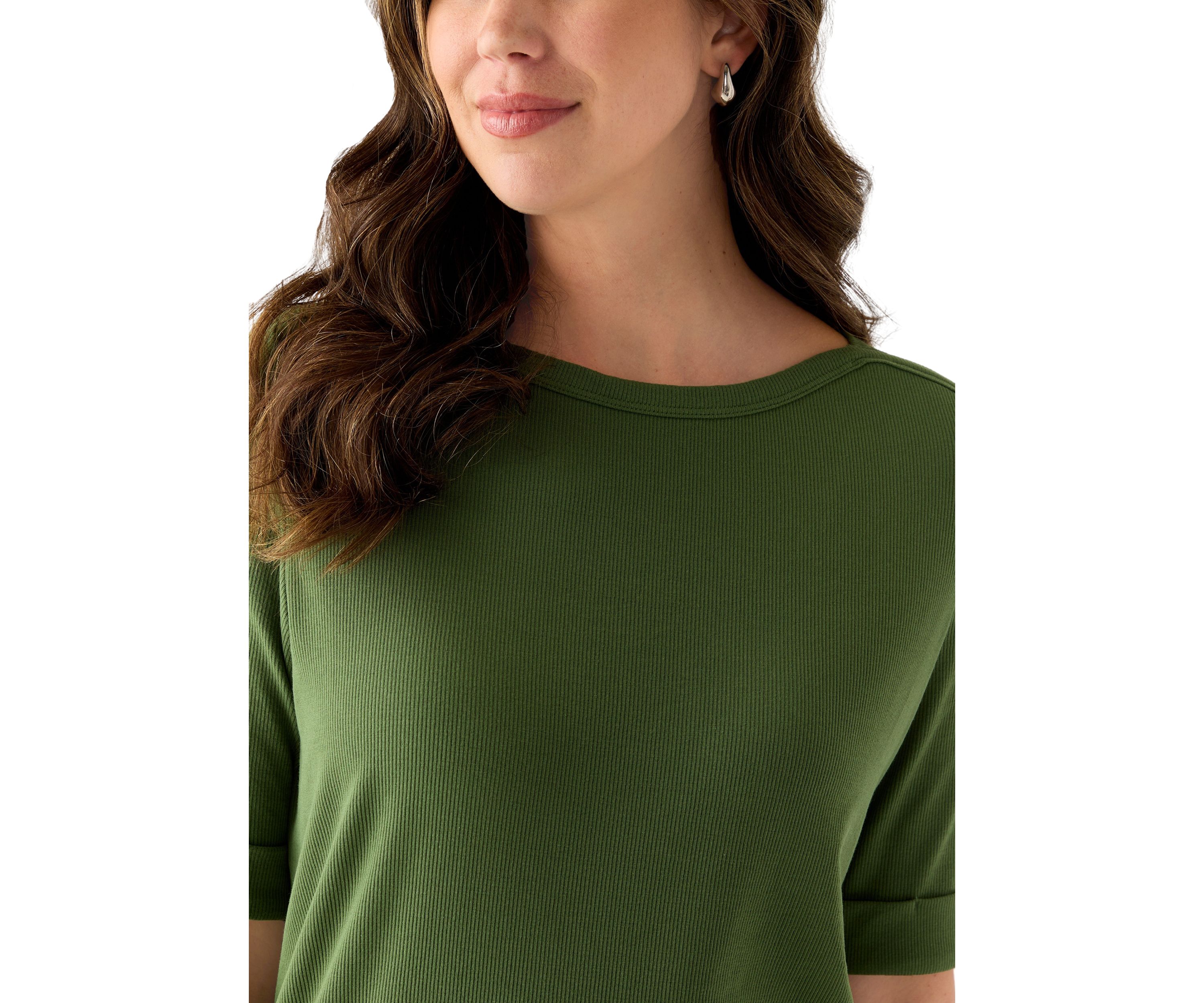 Womens Elbow Sleeve Rolled Cuff Solid Top