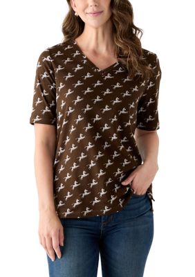 Kim Rogers Women's Printed V-Neck Top, Brown, Large