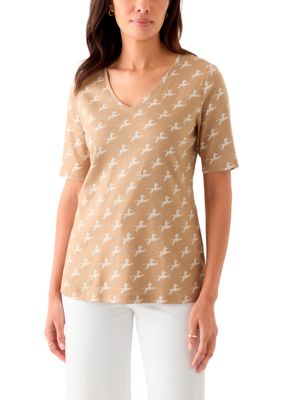 Kim Rogers Women's Printed V-Neck Top, Tan, Medium
