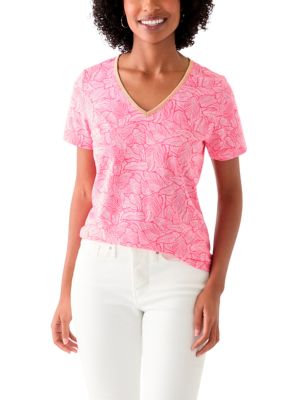 Kim Rogers Women's Short Sleeve V-Neck Printed T-Shirt, Coral, XXL