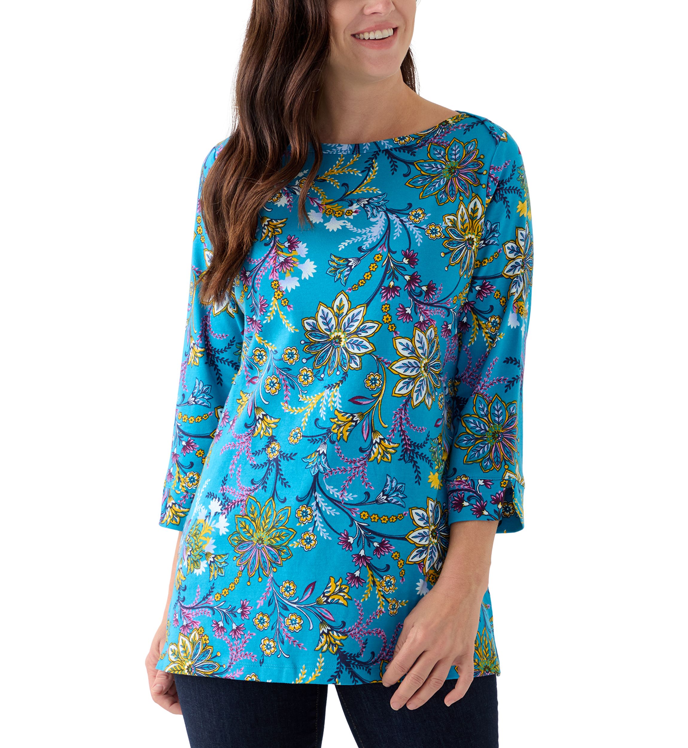 Womens 3/4 Sleeve Printed Bateau Tunic