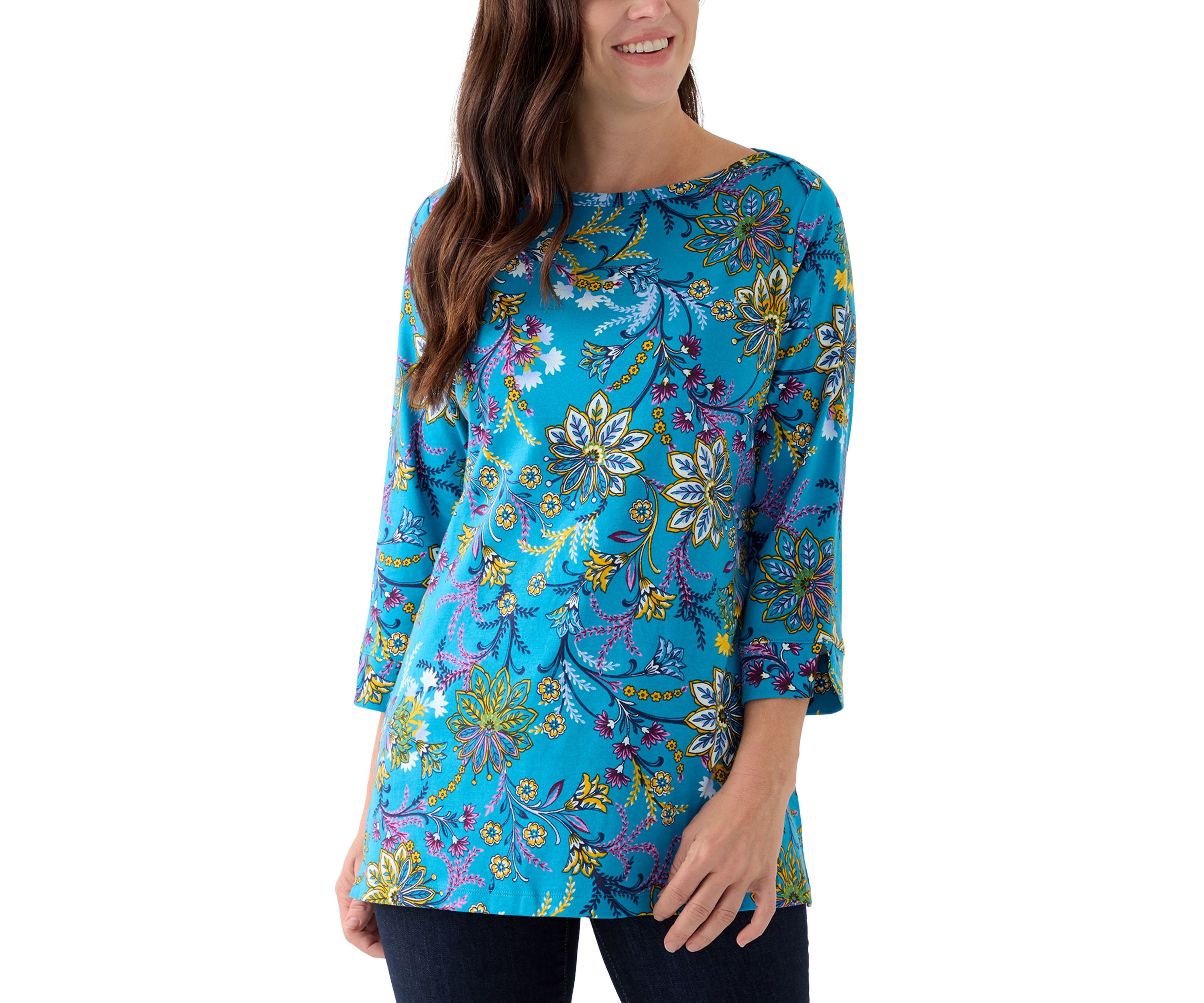 Womens 3/4 Sleeve Printed Bateau Tunic