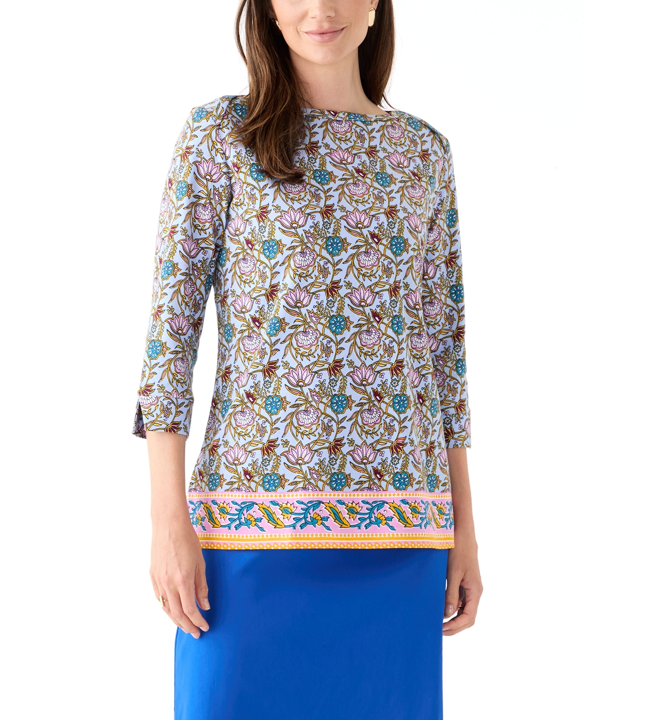 Kim Rogers® Women's 3/4 Sleeve Boat Neck Border Print Top | Belk