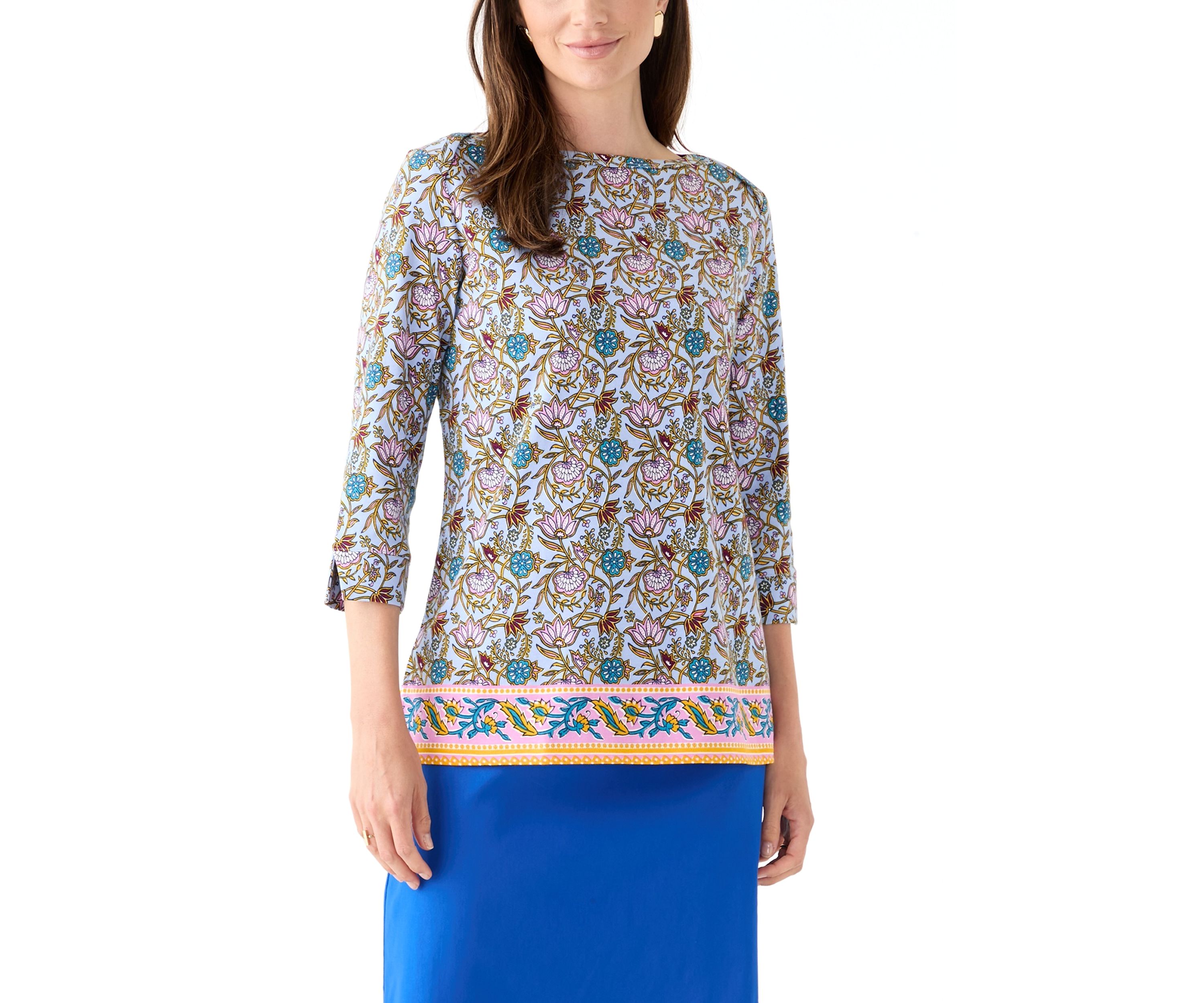 Womens 3/4 Sleeve Boat Neck Border Print Top