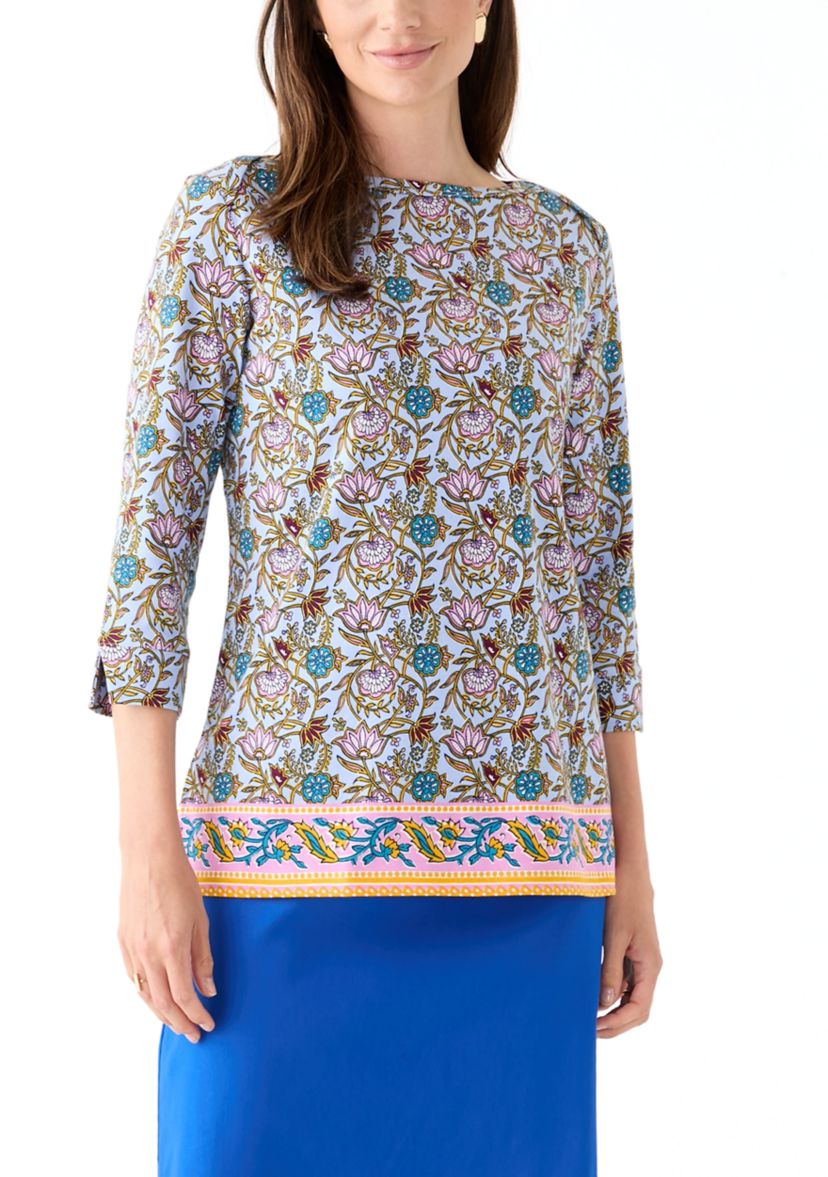 Womens 3/4 Sleeve Boat Neck Border Print Top