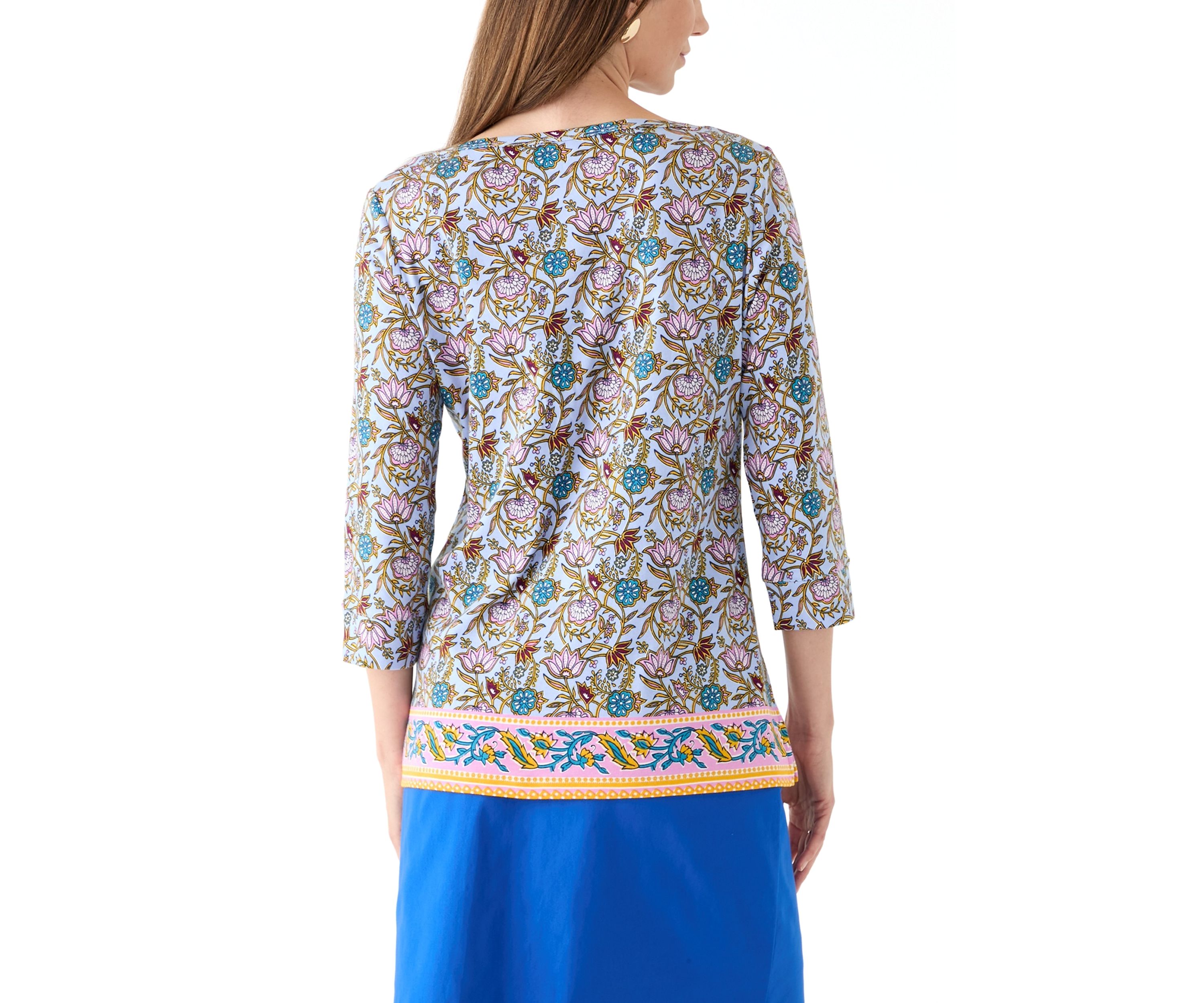 Womens 3/4 Sleeve Boat Neck Border Print Top