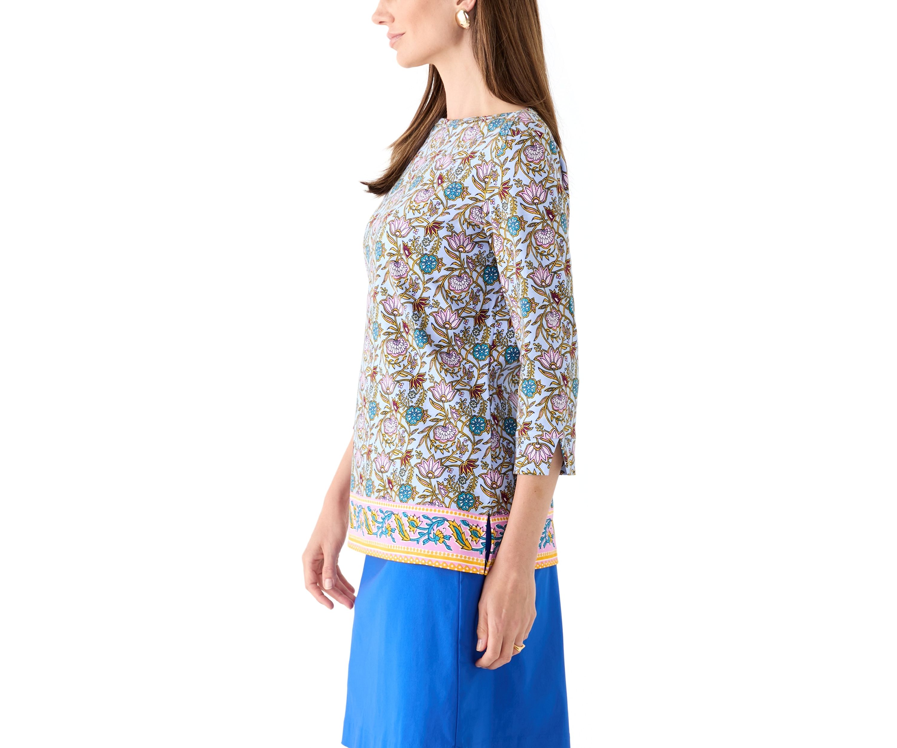 Womens 3/4 Sleeve Boat Neck Border Print Top