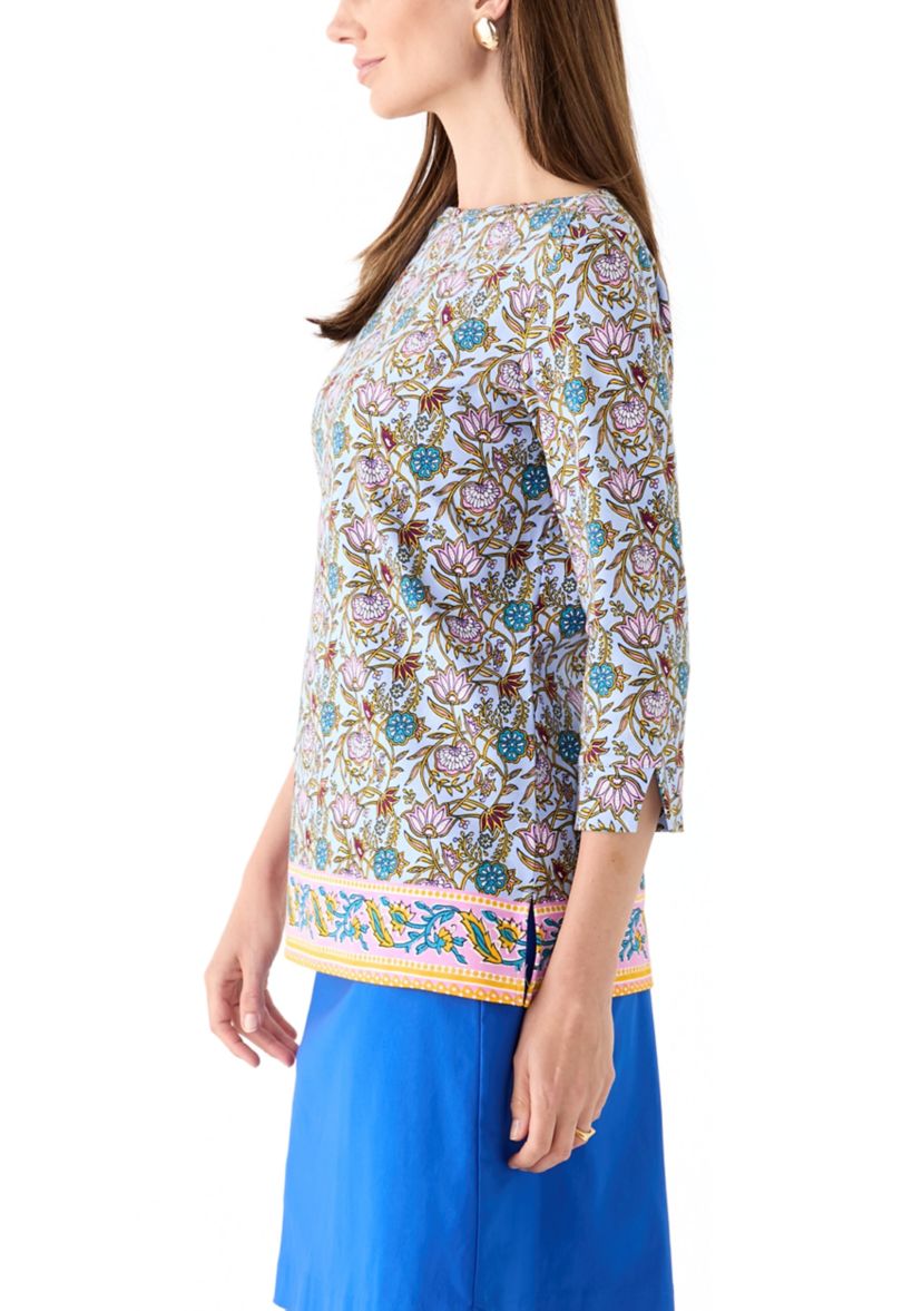 Womens 3/4 Sleeve Boat Neck Border Print Top