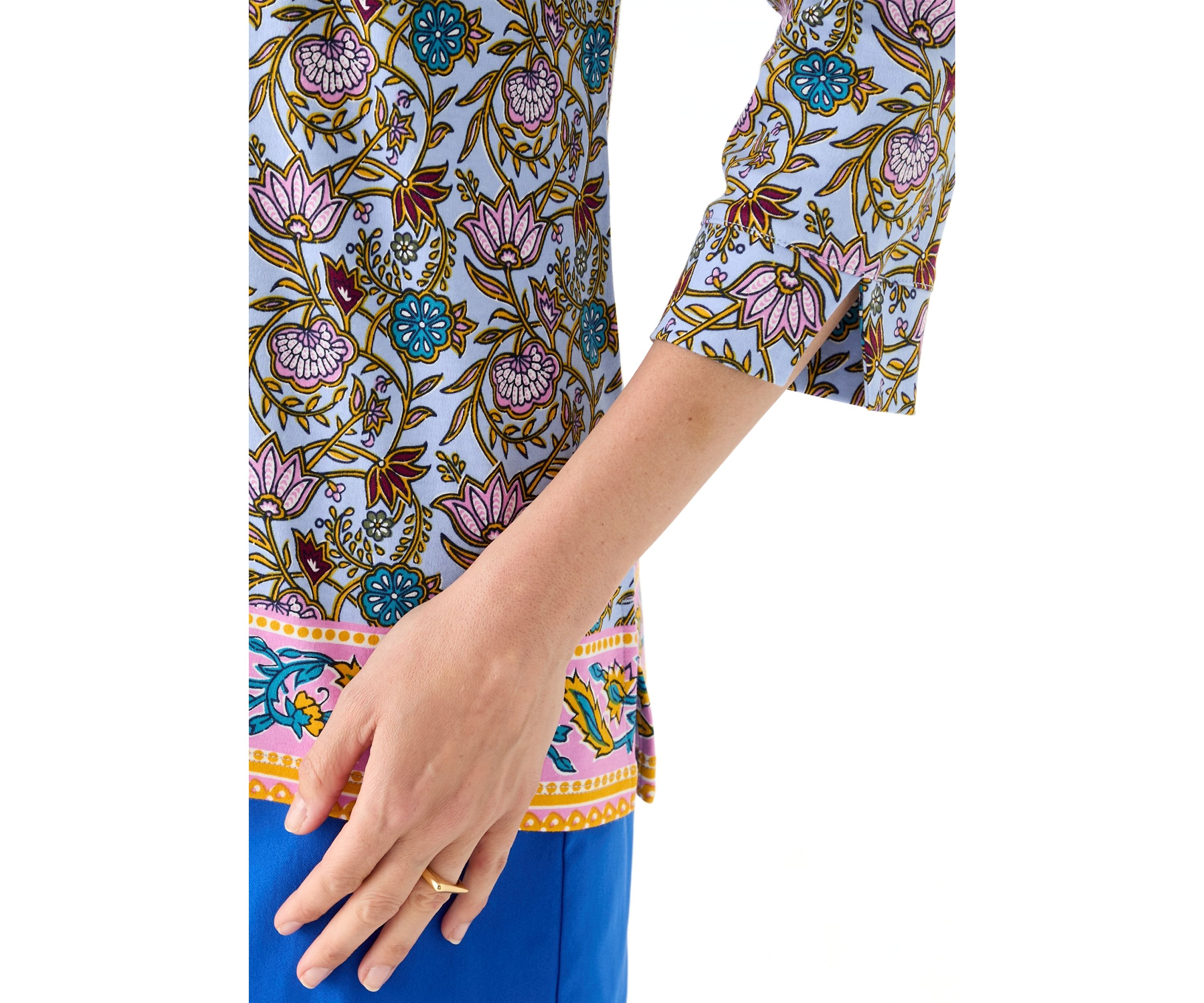 Womens 3/4 Sleeve Boat Neck Border Print Top