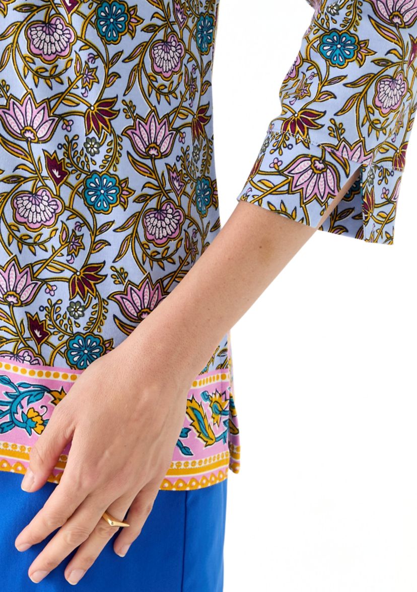 Womens 3/4 Sleeve Boat Neck Border Print Top