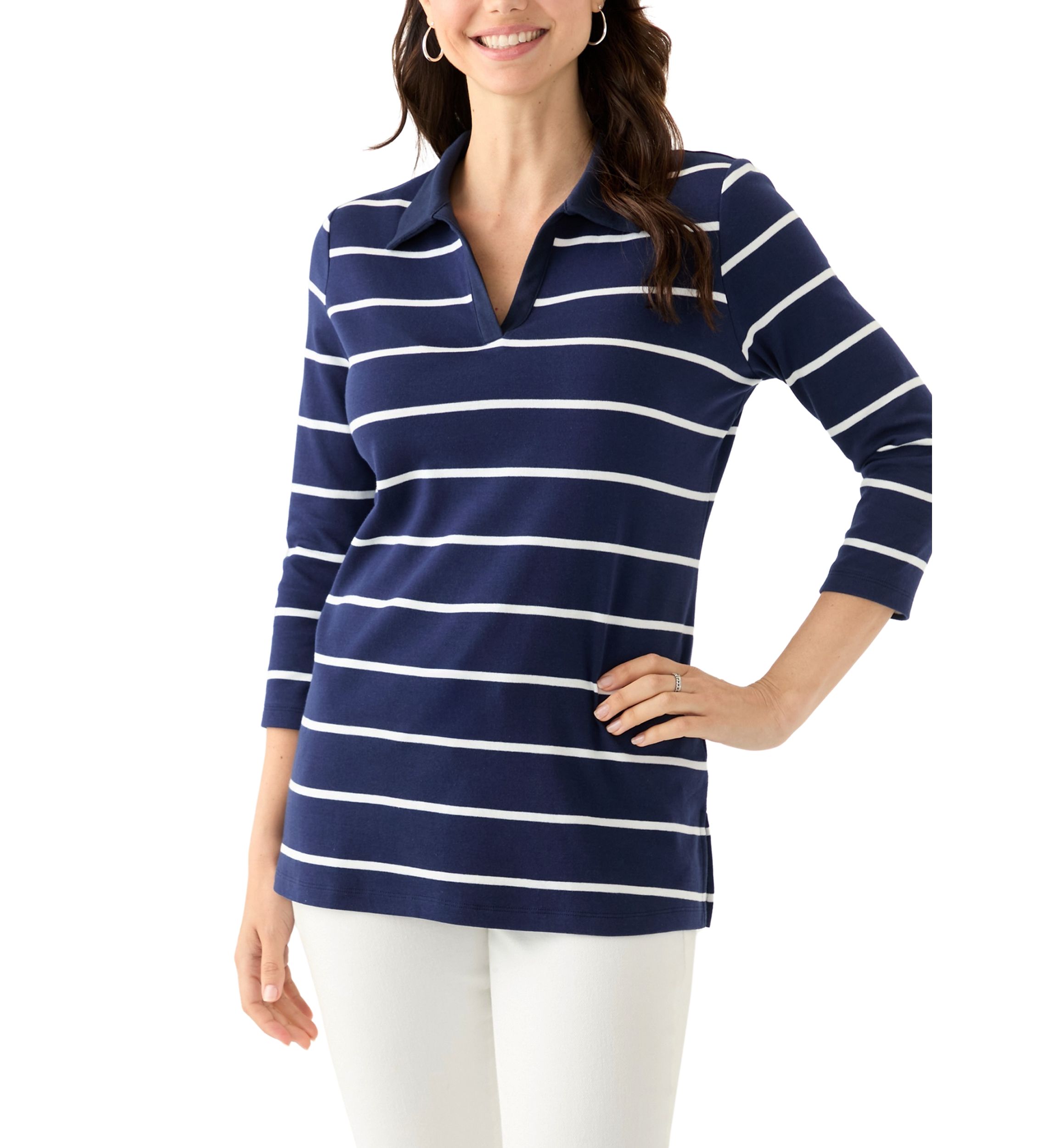 Womens 3/4 Sleeve Stripe Polo Top