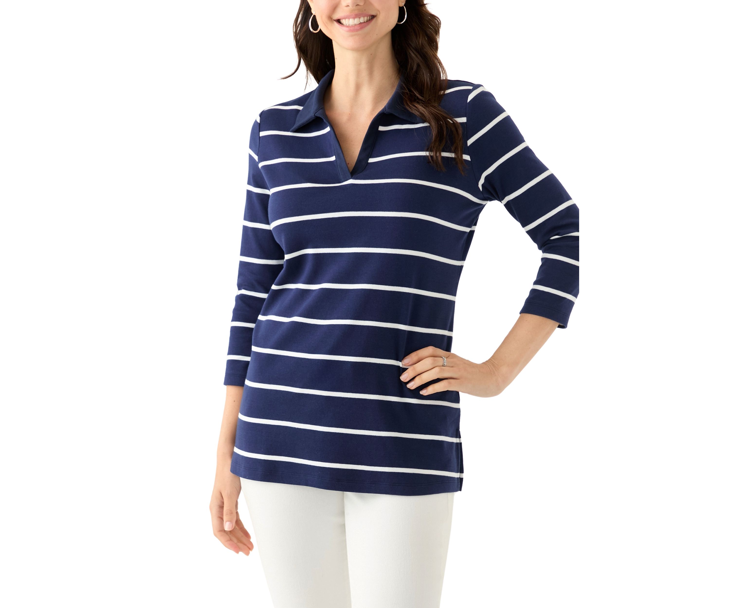 Womens 3/4 Sleeve Stripe Polo Top