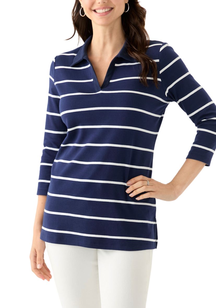 Womens 3/4 Sleeve Stripe Polo Top