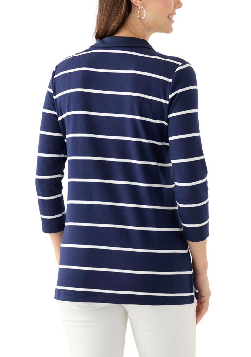 Womens 3/4 Sleeve Stripe Polo Top