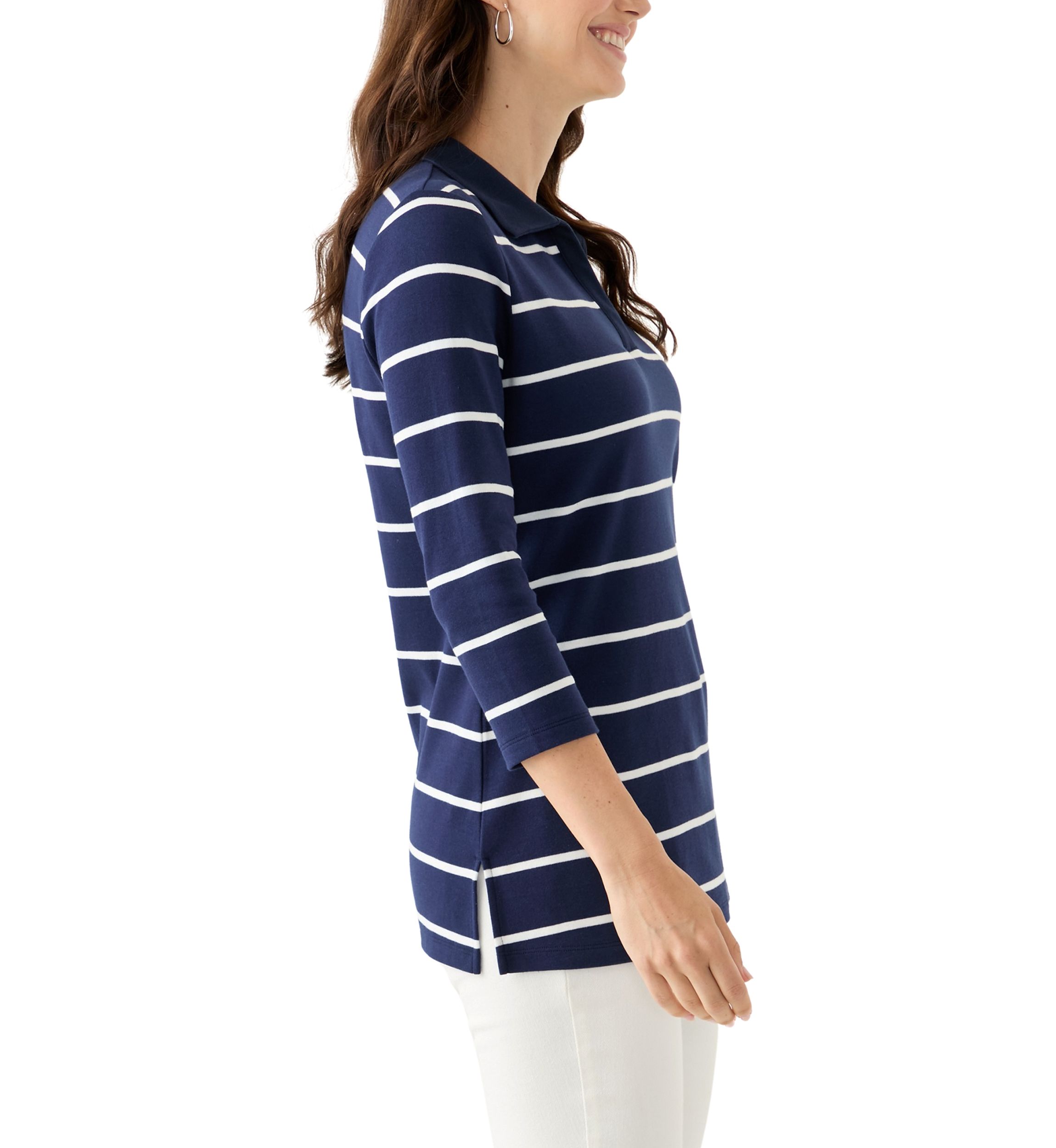 Womens 3/4 Sleeve Stripe Polo Top