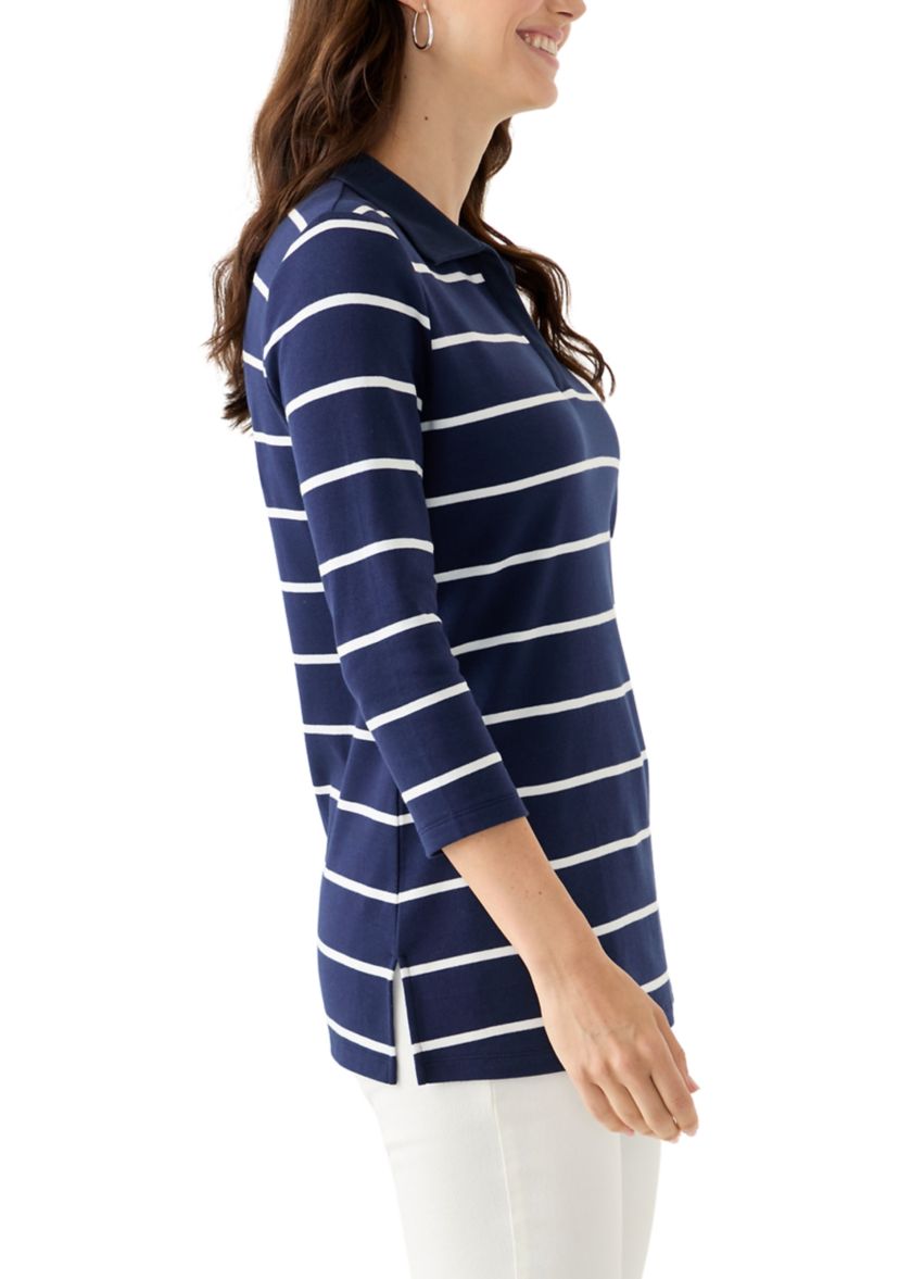 Womens 3/4 Sleeve Stripe Polo Top