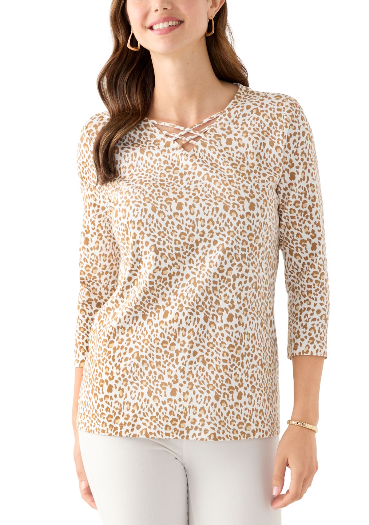Womens 3/4 Printed Neck Detail Top