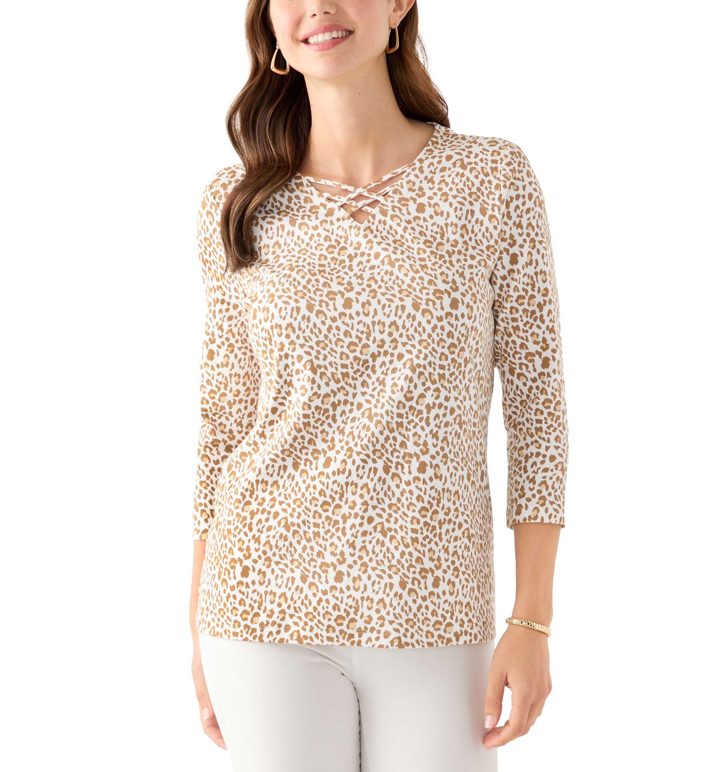 Womens 3/4 Printed Neck Detail Top