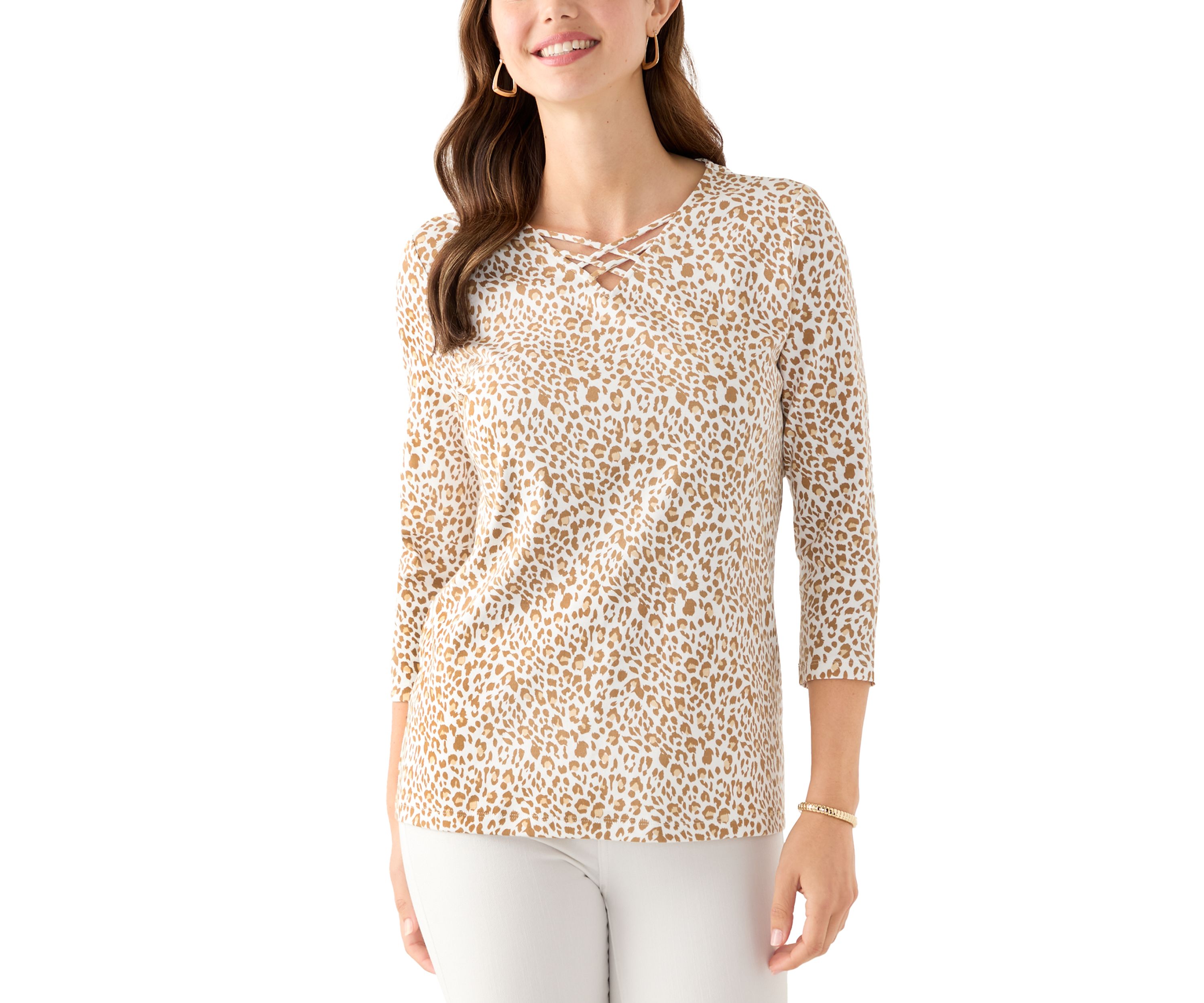 Womens 3/4 Printed Neck Detail Top