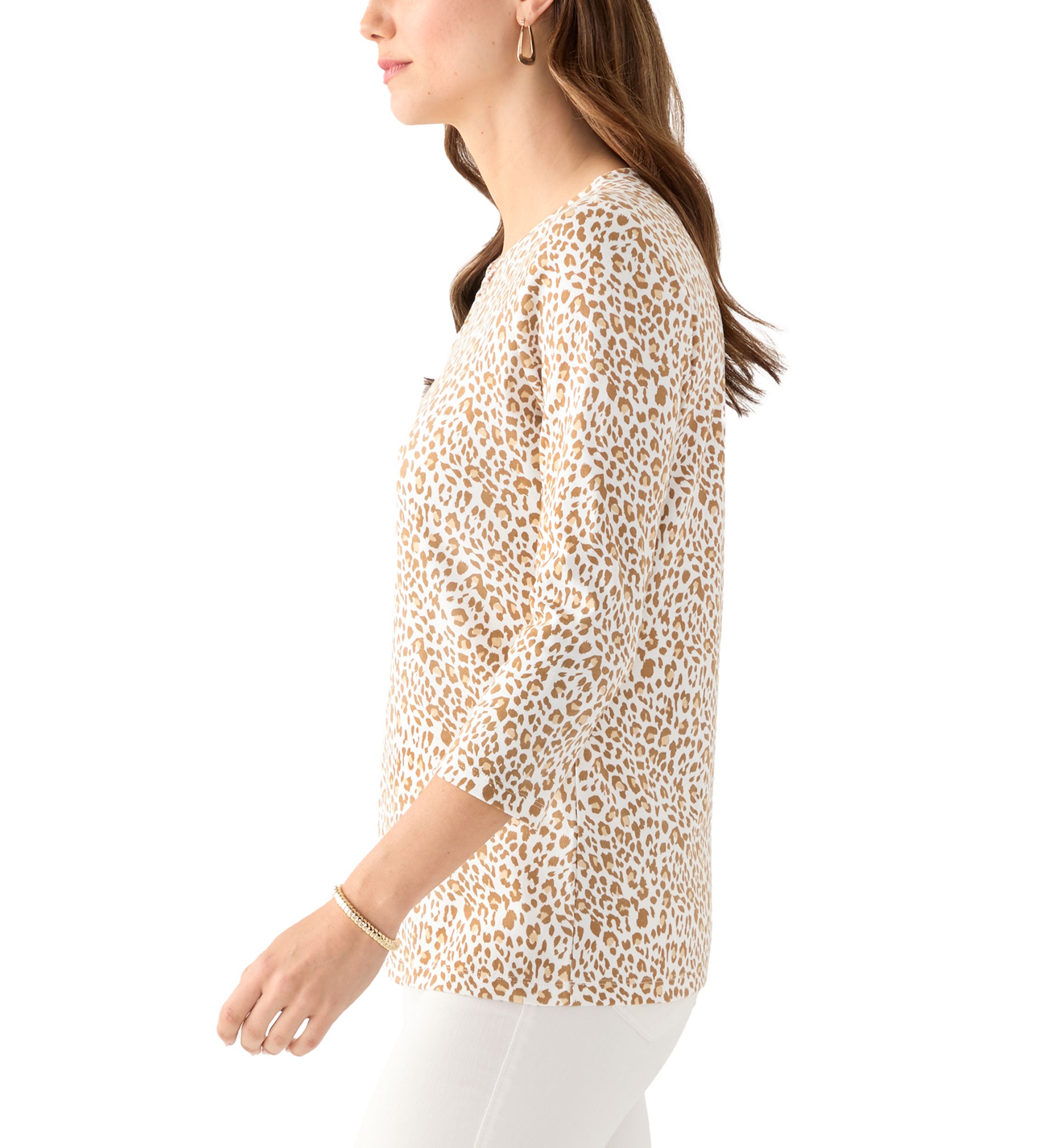 Womens 3/4 Printed Neck Detail Top