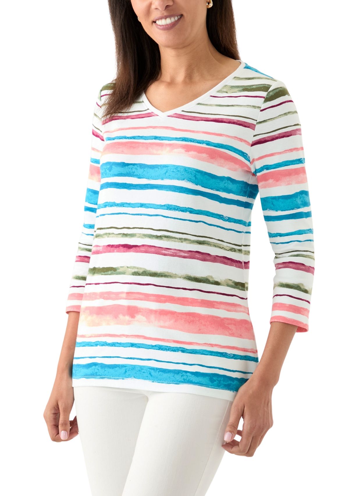 Womens 3/4 Sleeve V-Neck Stripe Print T-Shirt