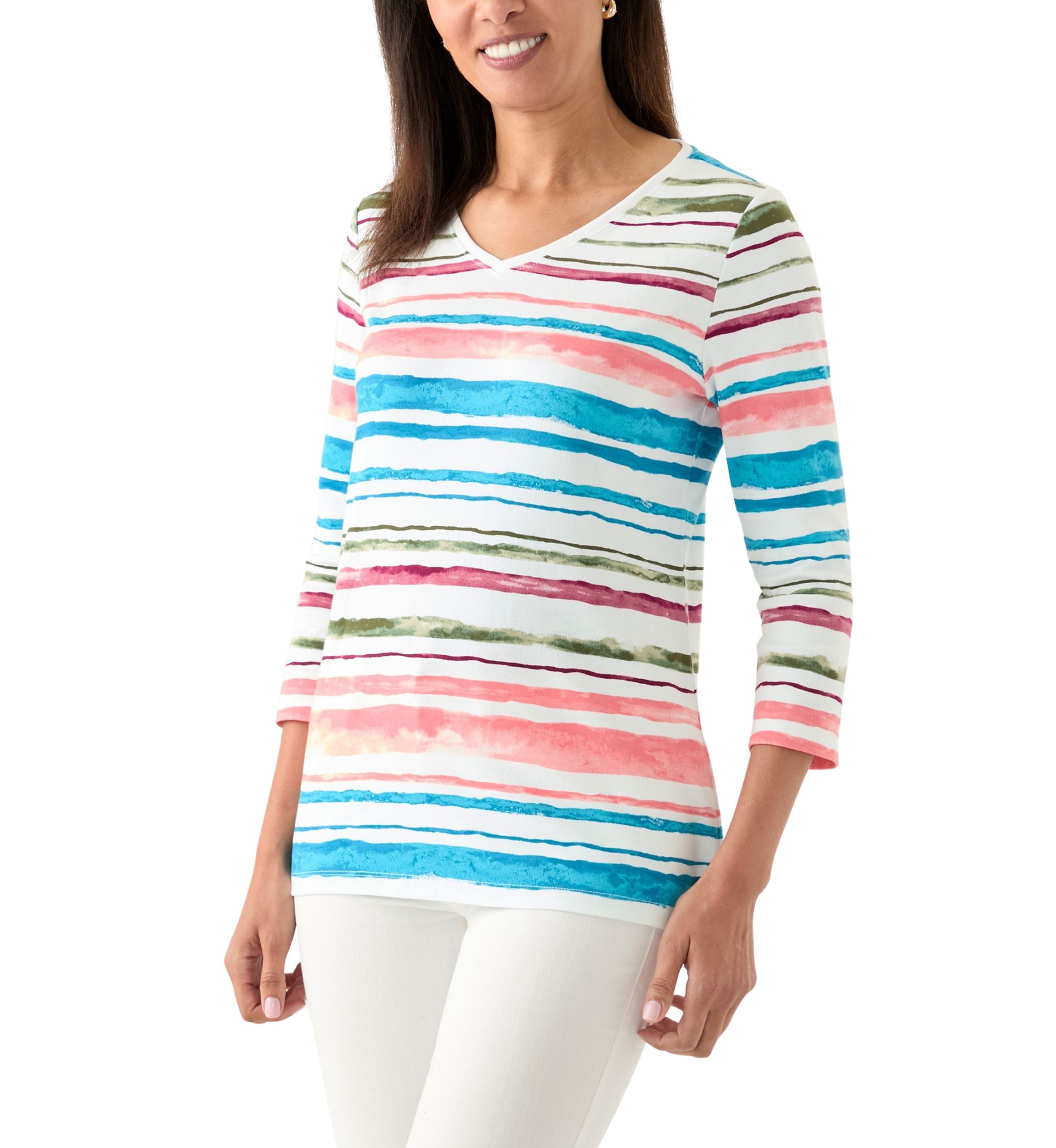 Womens 3/4 Sleeve V-Neck Stripe Print T-Shirt
