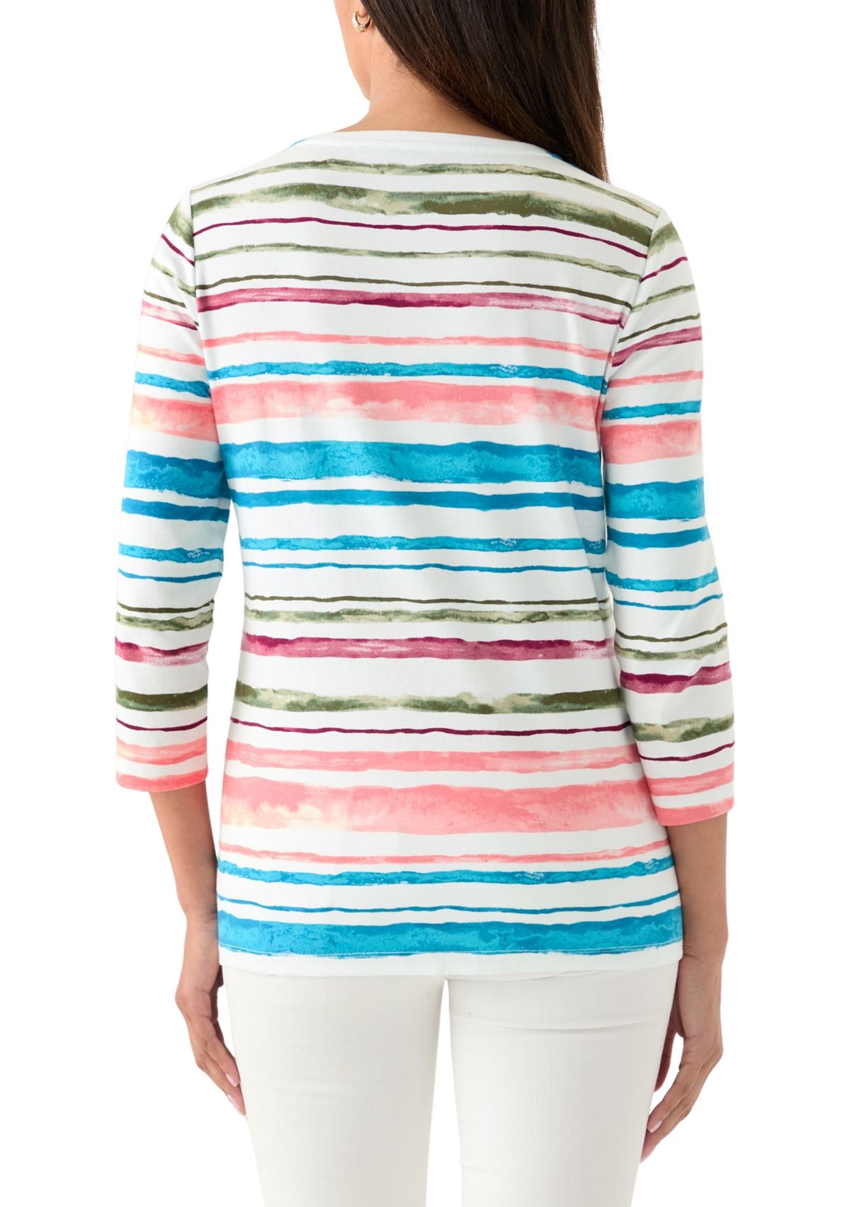 Womens 3/4 Sleeve V-Neck Stripe Print T-Shirt