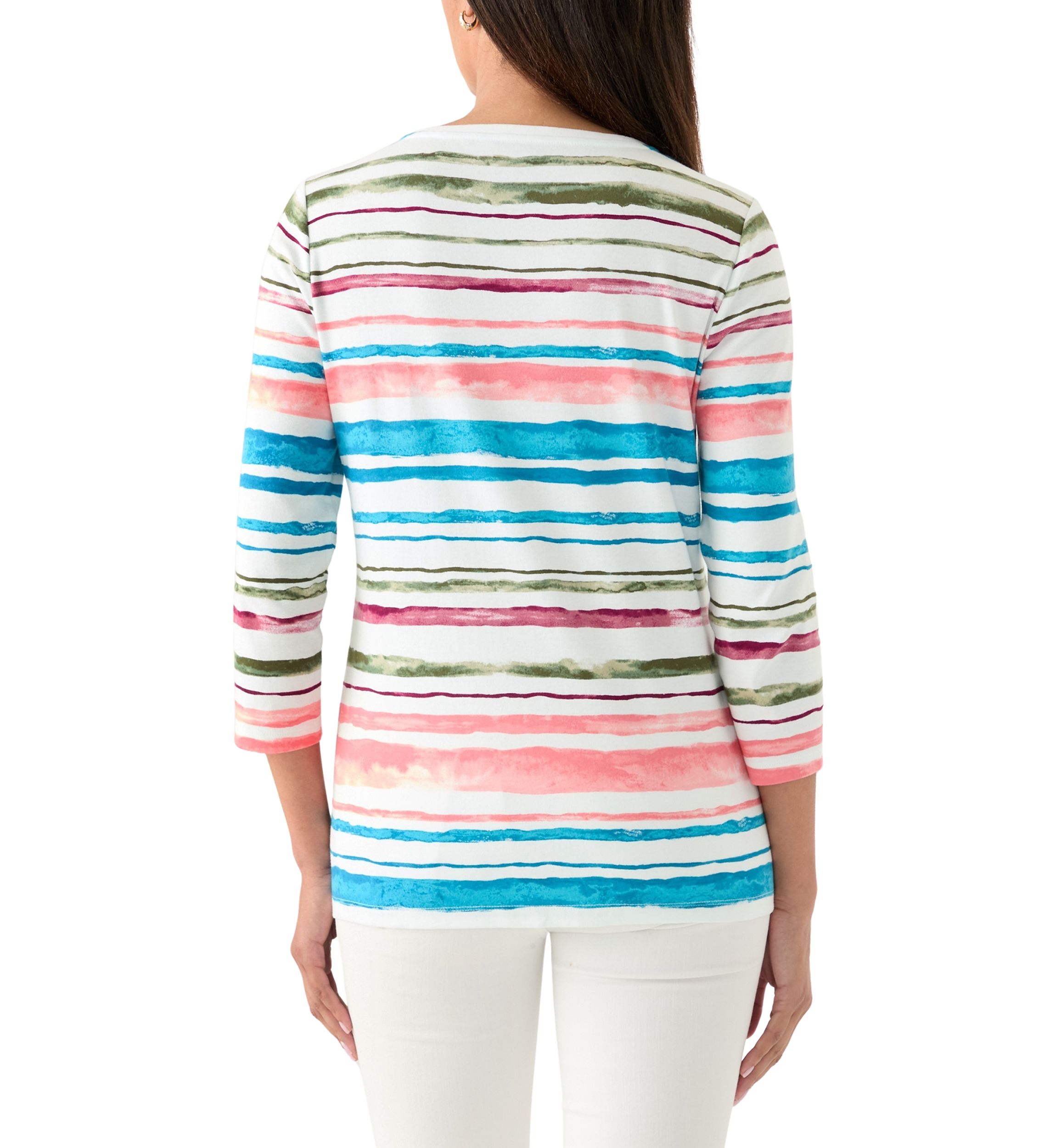 Womens 3/4 Sleeve V-Neck Stripe Print T-Shirt