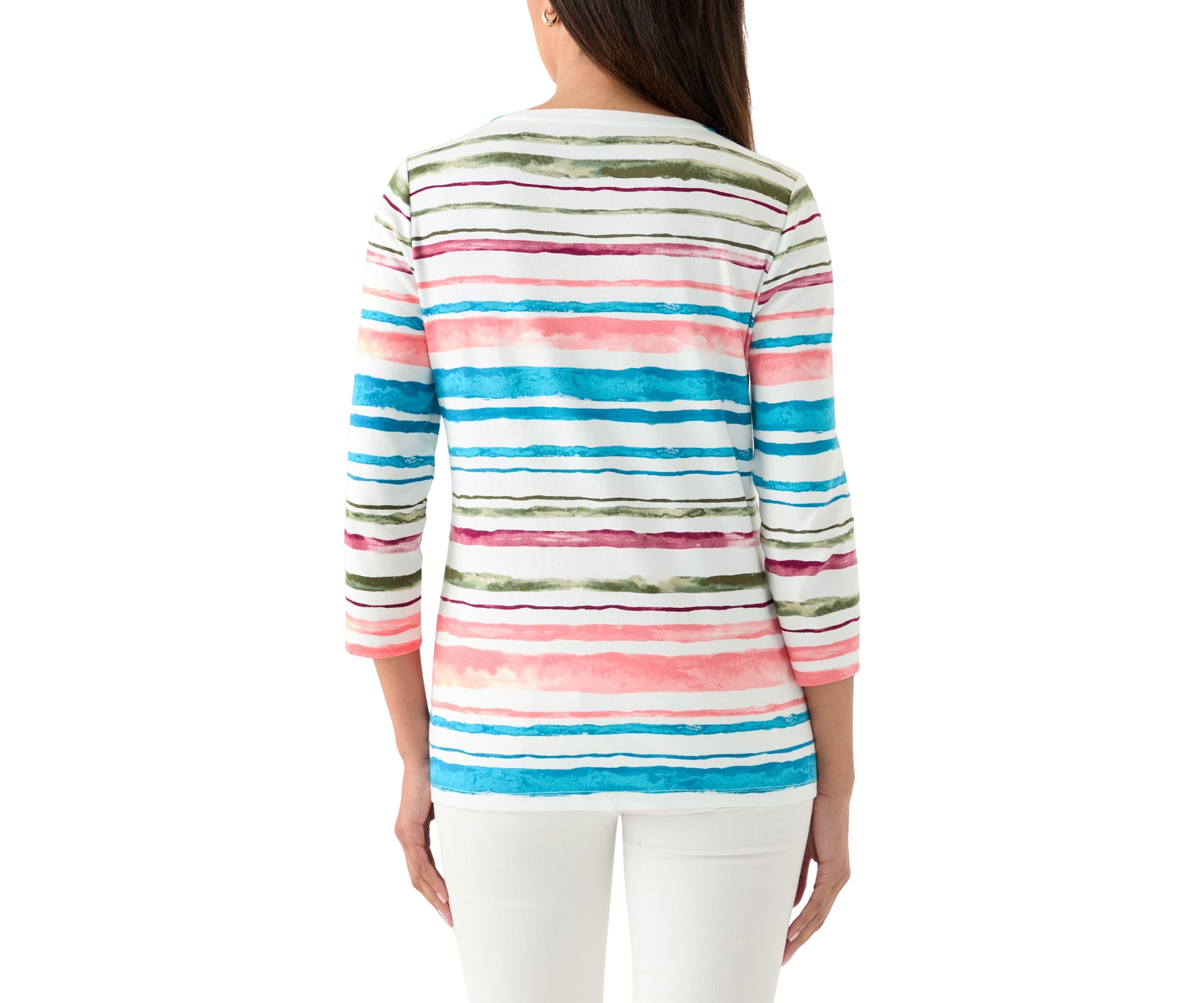 Womens 3/4 Sleeve V-Neck Stripe Print T-Shirt