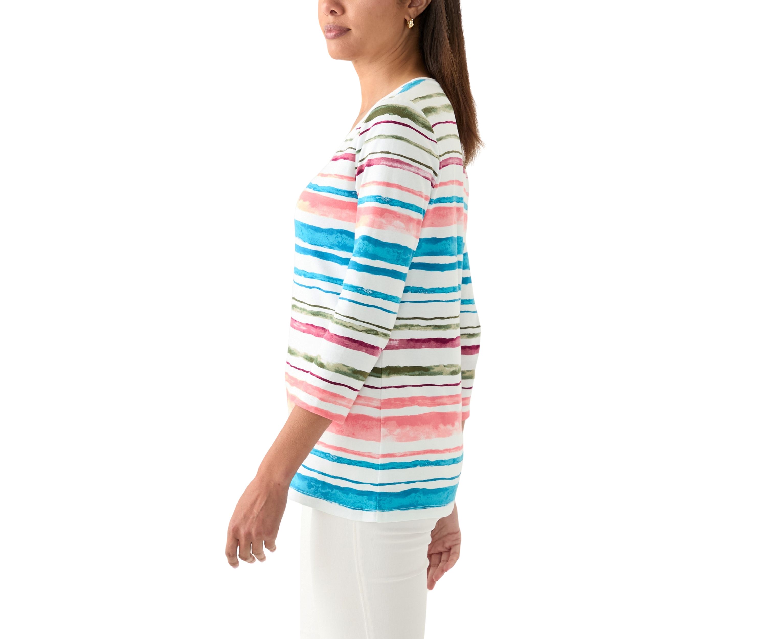 Womens 3/4 Sleeve V-Neck Stripe Print T-Shirt