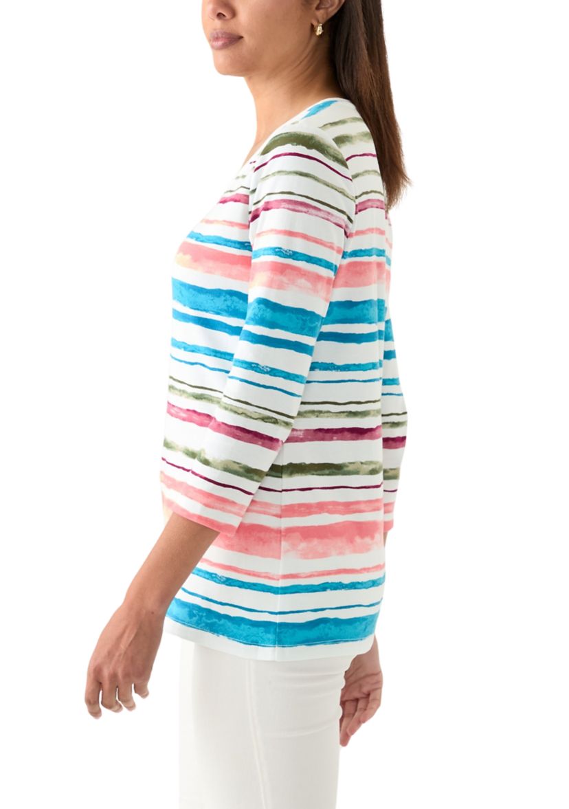 Womens 3/4 Sleeve V-Neck Stripe Print T-Shirt