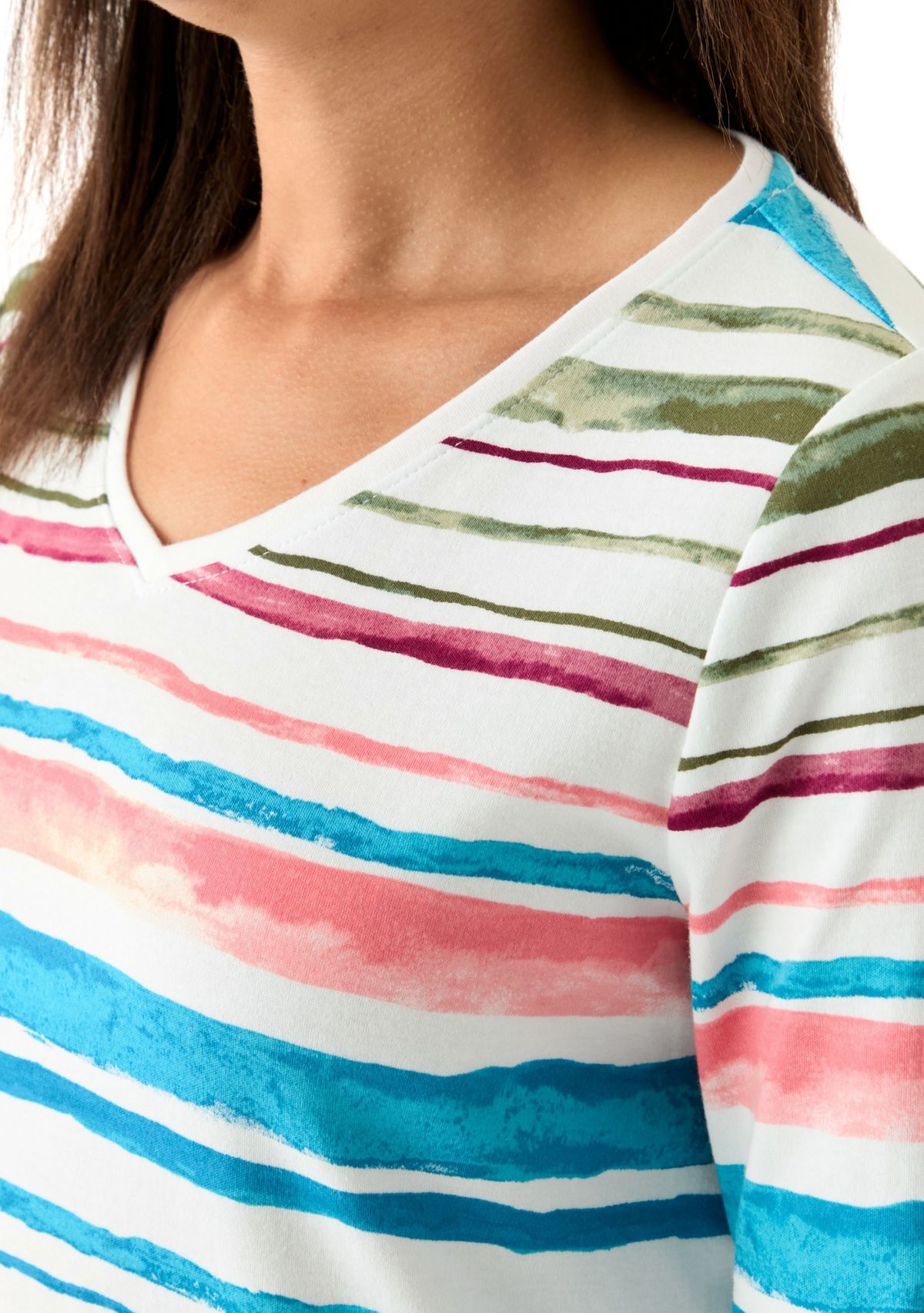 Womens 3/4 Sleeve V-Neck Stripe Print T-Shirt