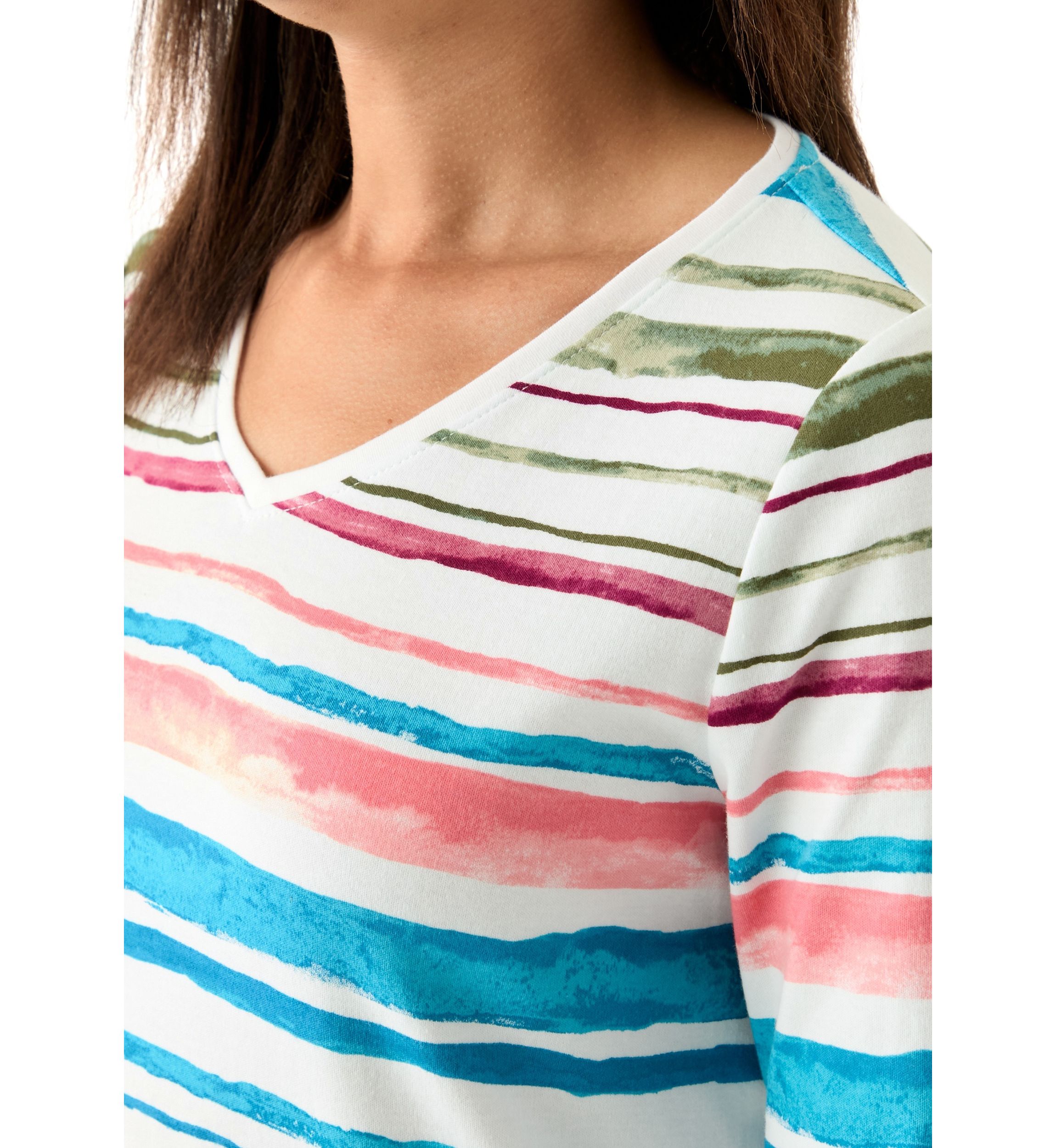 Womens 3/4 Sleeve V-Neck Stripe Print T-Shirt