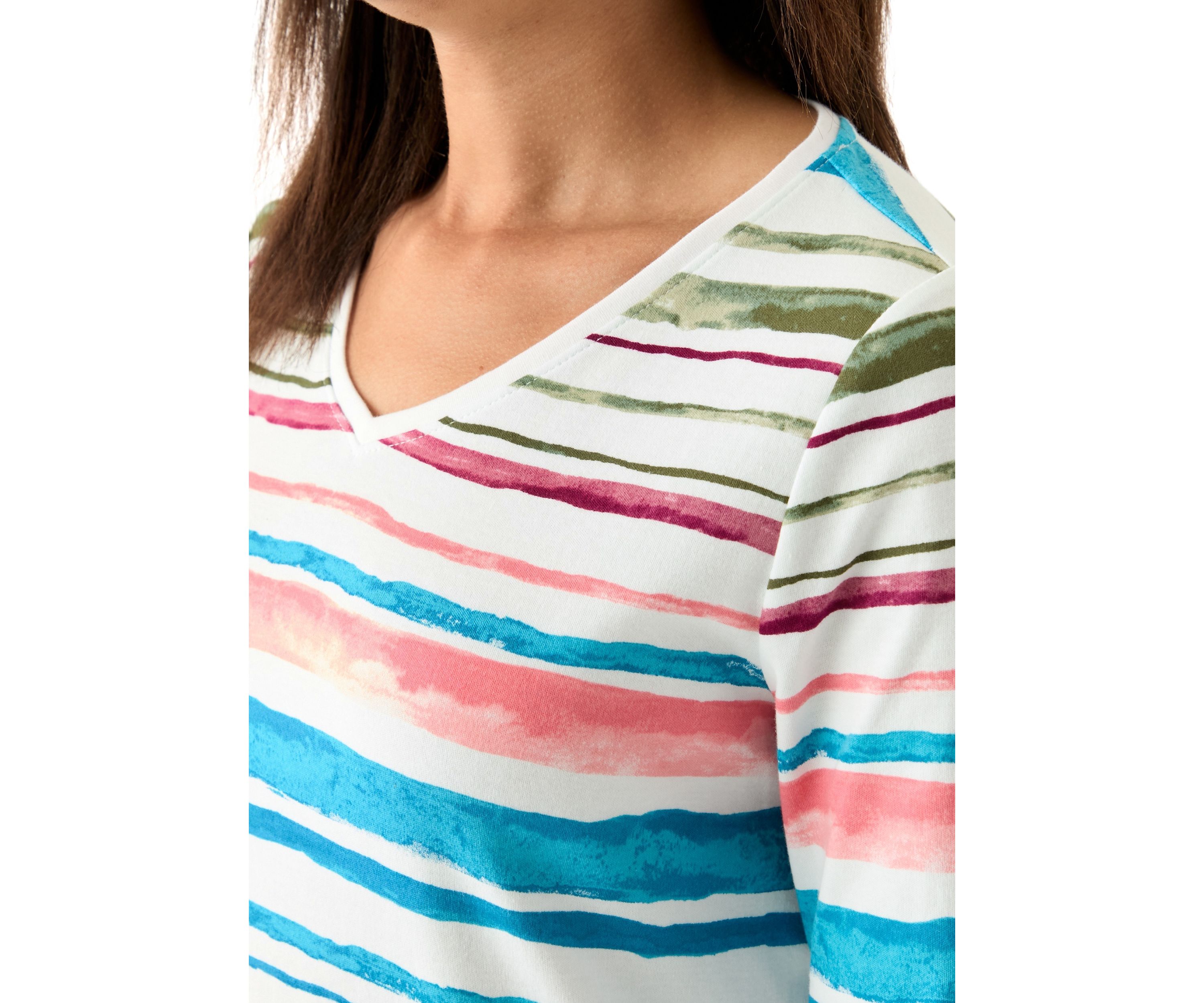 Womens 3/4 Sleeve V-Neck Stripe Print T-Shirt