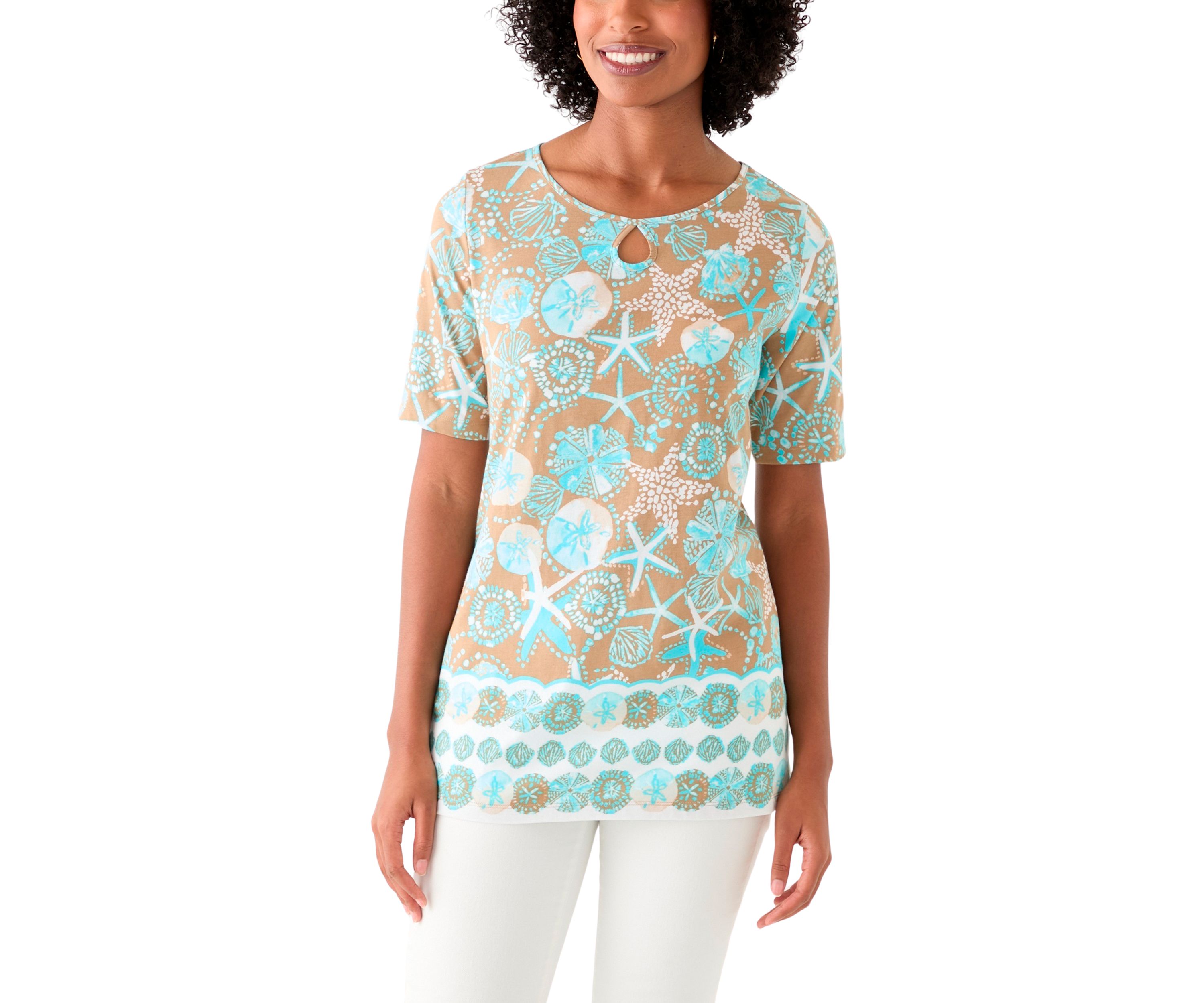 Womens Keyhole Border Printed Top