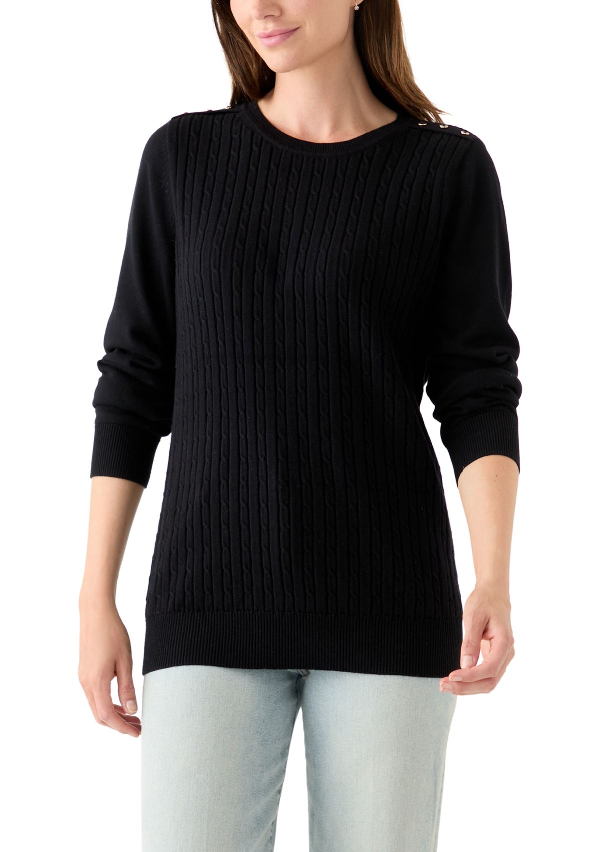 Womens Long Sleeve Cable Crew Neck Sweater 