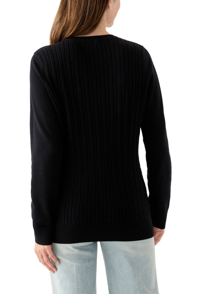 Womens Long Sleeve Cable Crew Neck Sweater 