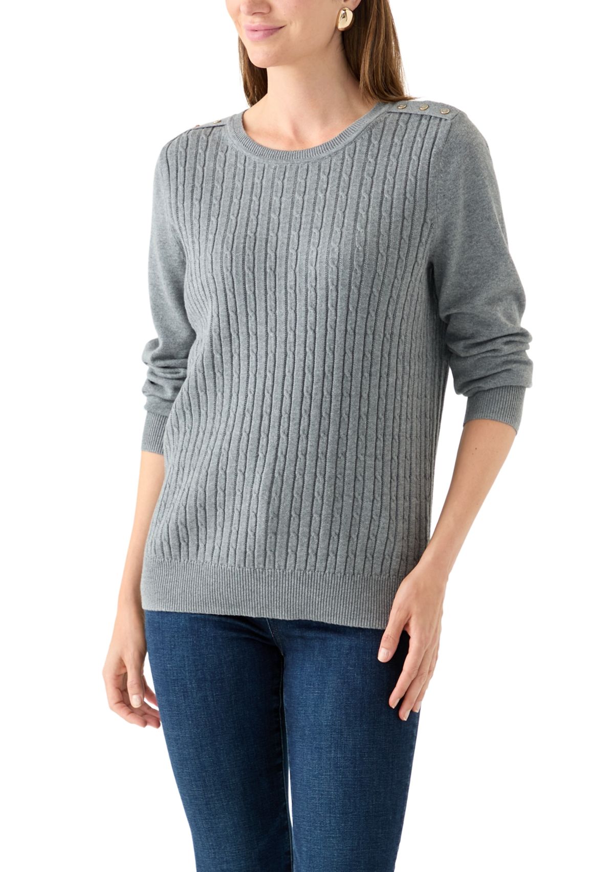 Womens Long Sleeve Cable Crew Neck Button Trim Sweater